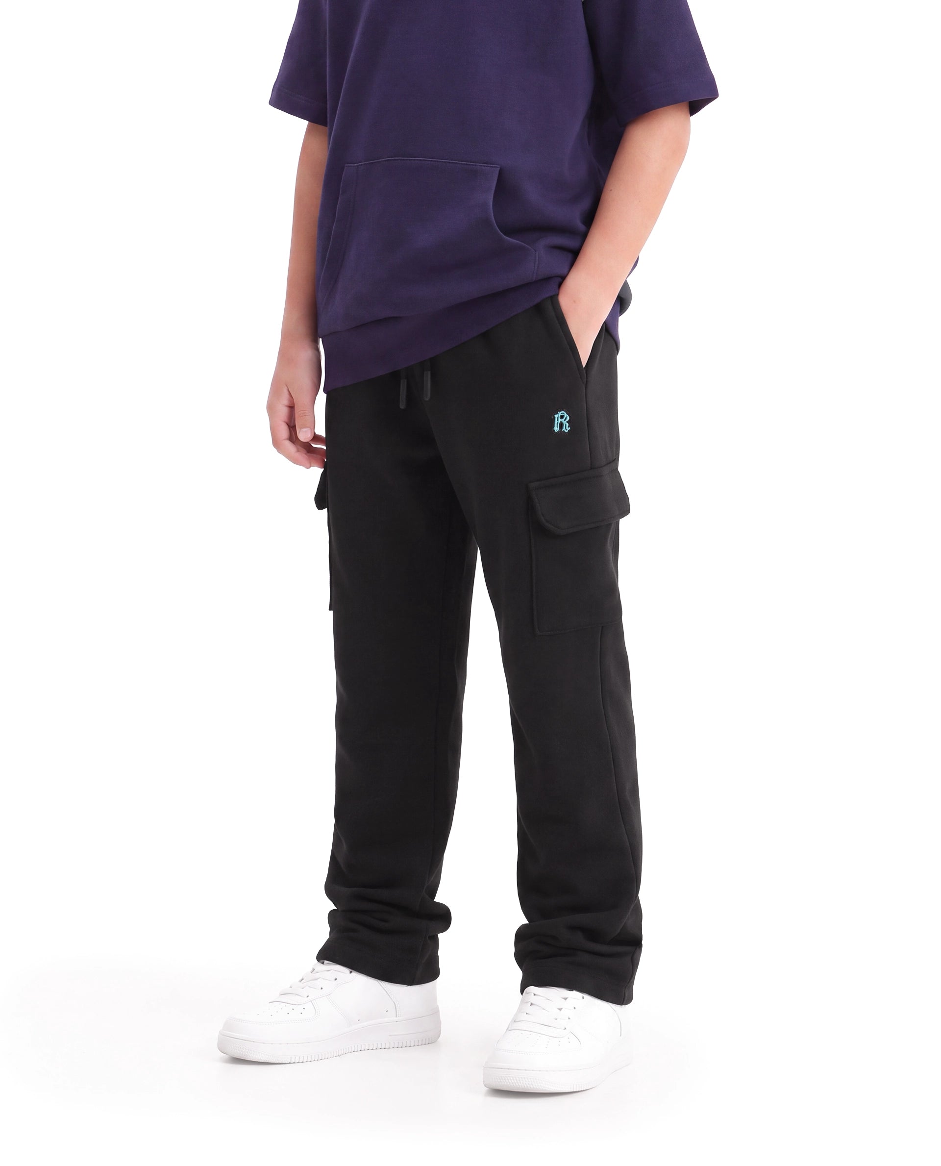 Rare Ones Kids Krio-B Black Cotton Blend Fabric Drawstring Closure Cargo Fit Plain Track Pant