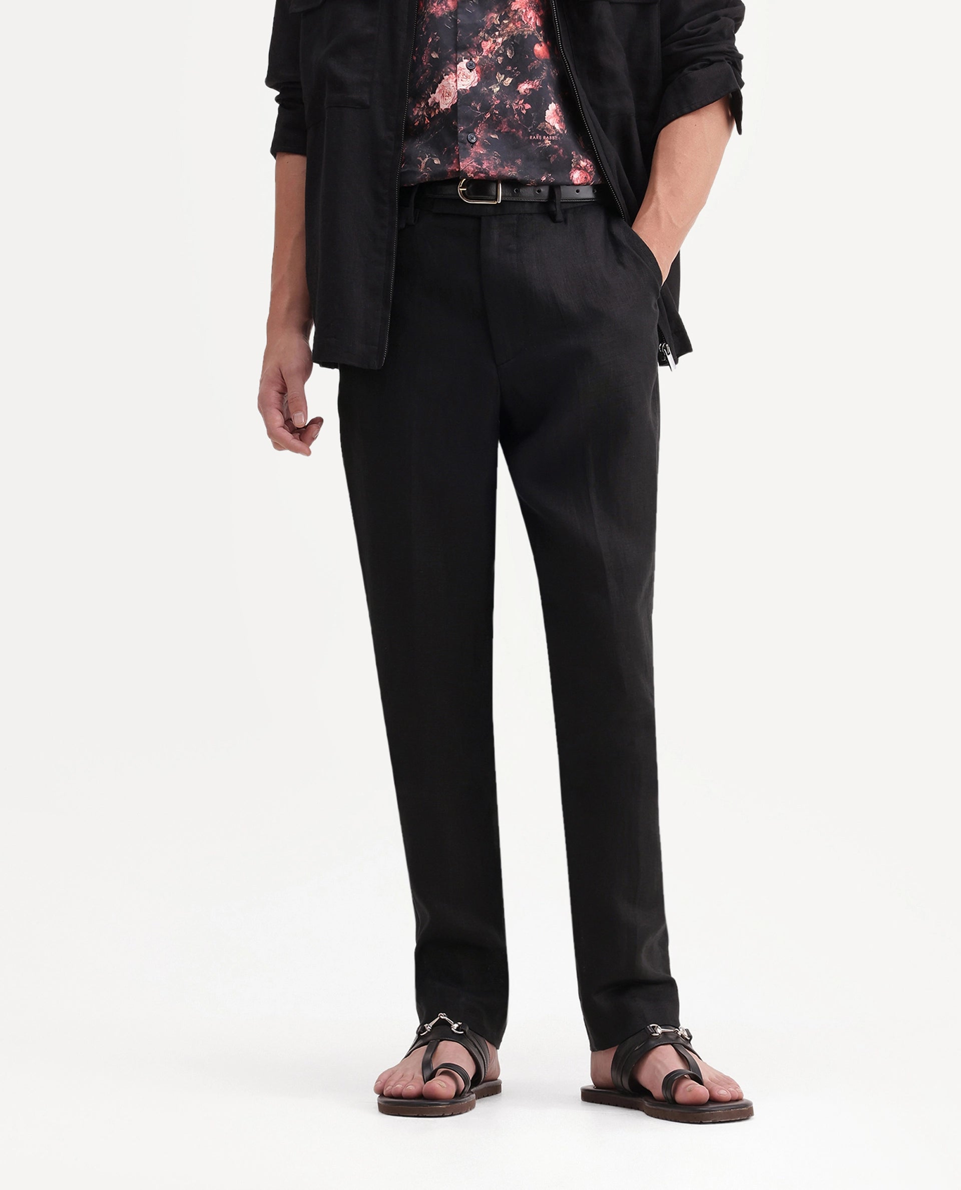 Rare Rabbit Men's Arcelo-A26 Black 100% Linen Regular Fit Plain Trouser