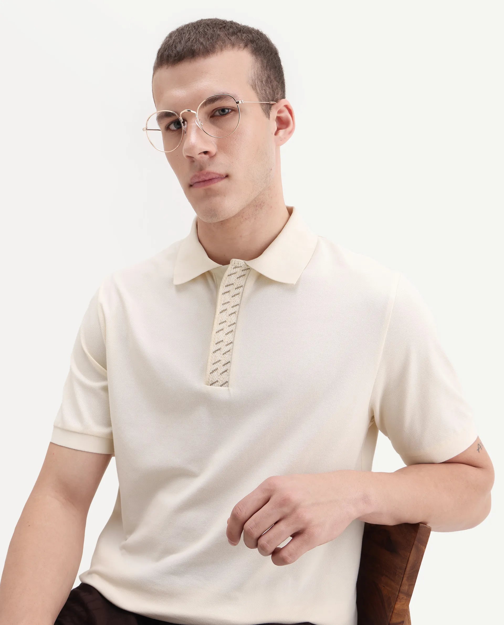 Rare Rabbit Men's Arko Off White Cotton Blend Plain Regular Fit Half Sleeve Polo