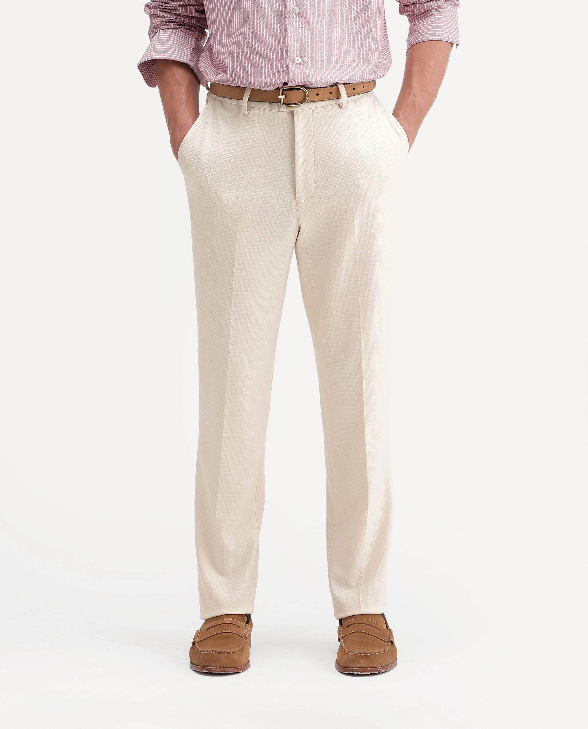 Rare Rabbit Men's Austin-A26 Off White Polyester Blend Regular Fit Plain Trouser