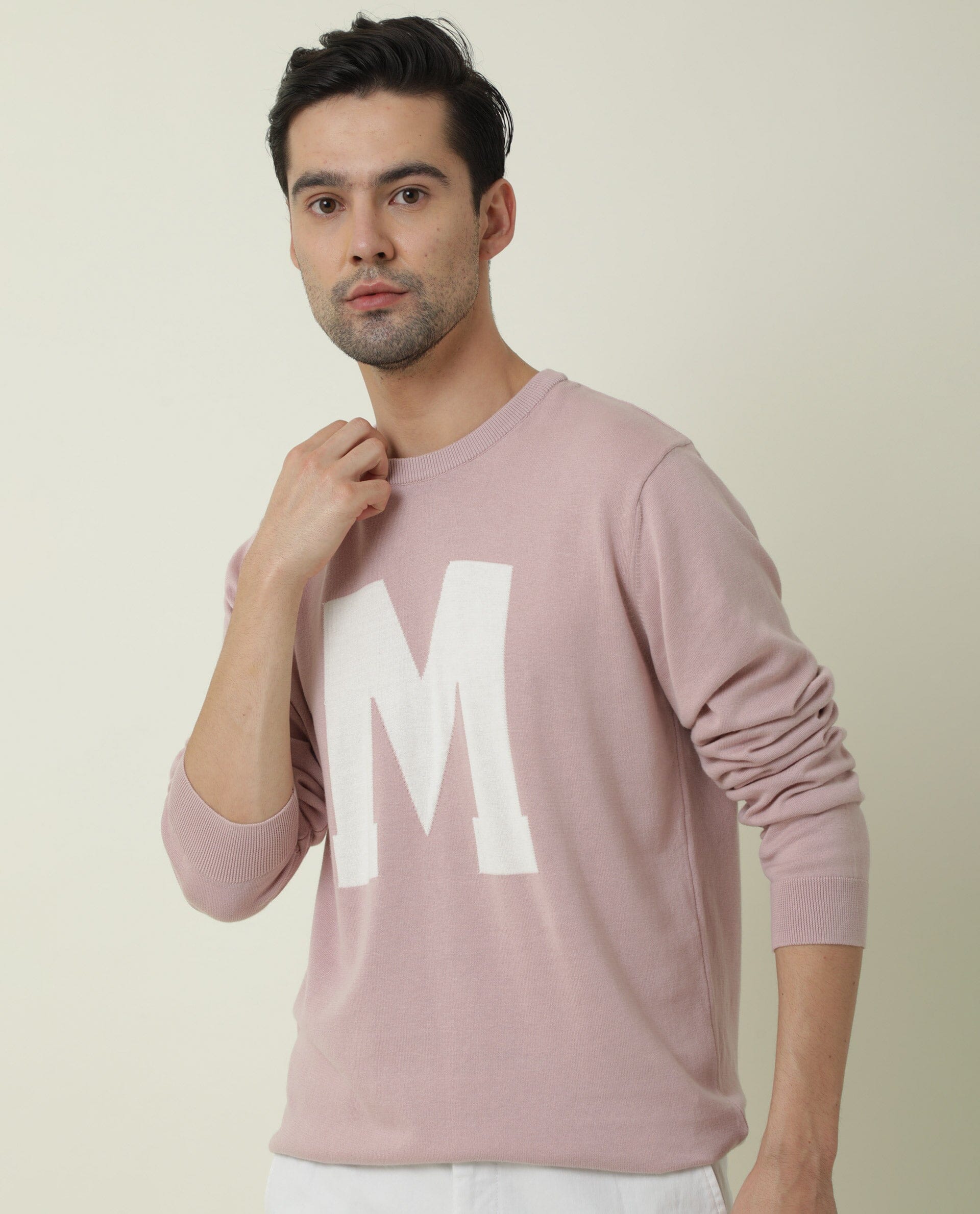 Rare Rabbit Men's Avitt Pink Cotton Jacquard Regular Fit Full Sleeve Crew Neck Sweater