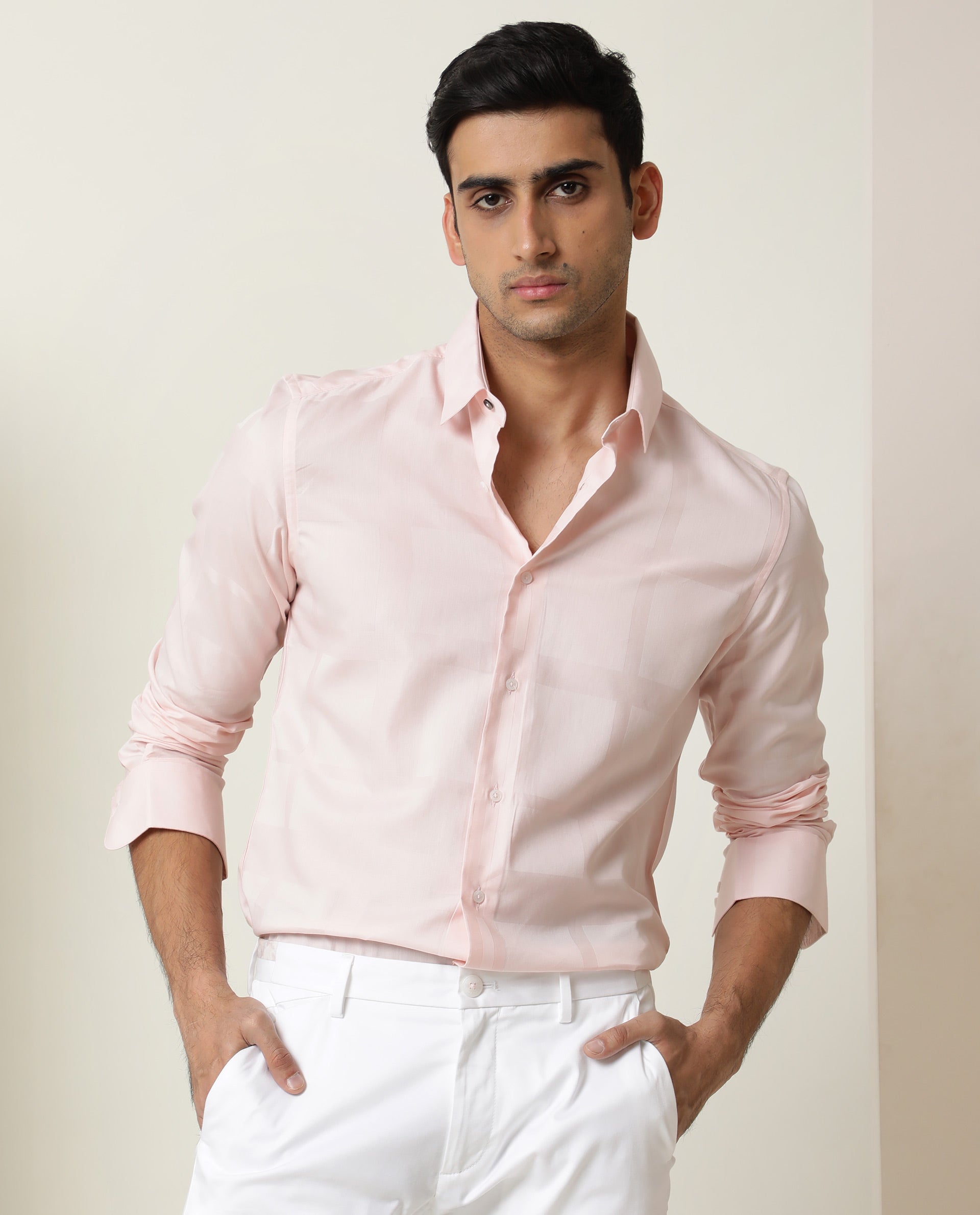 Rare Rabbit Men's Boxline Light Pink Cotton Checked Print Regular Fit Full Sleeve Collared Shirt