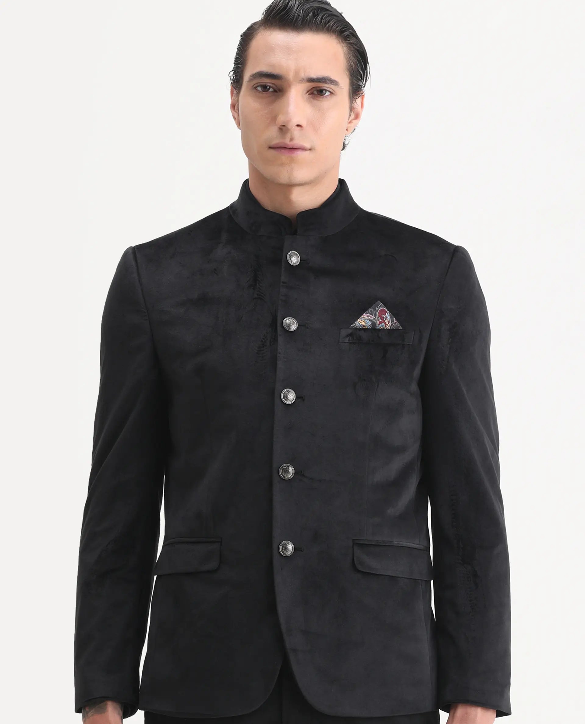 Rare Rabbit Men's Bozelli Black Polyester Blend Plain Tailored Fit Full Sleeve Mandarin Collar Bandhgala Jodhpuri