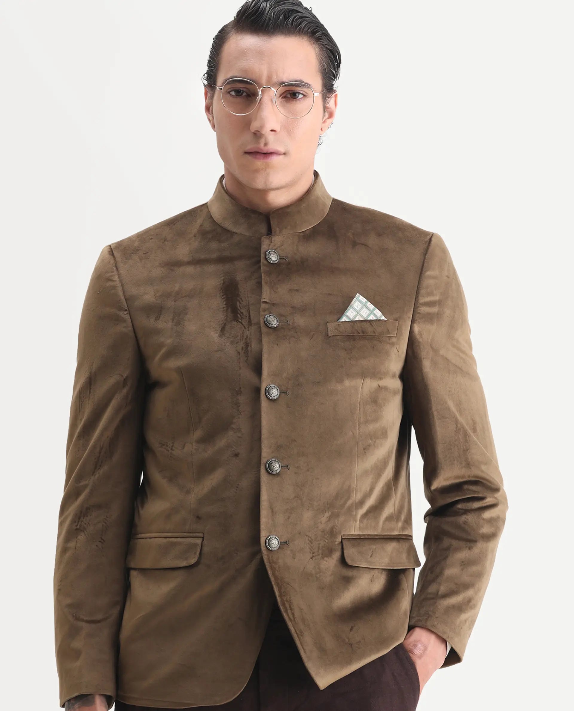 Rare Rabbit Men's Bozelli Olive Polyester Blend Plain Tailored Fit Full Sleeve Mandarin Collar Bandhgala Jodhpuri
