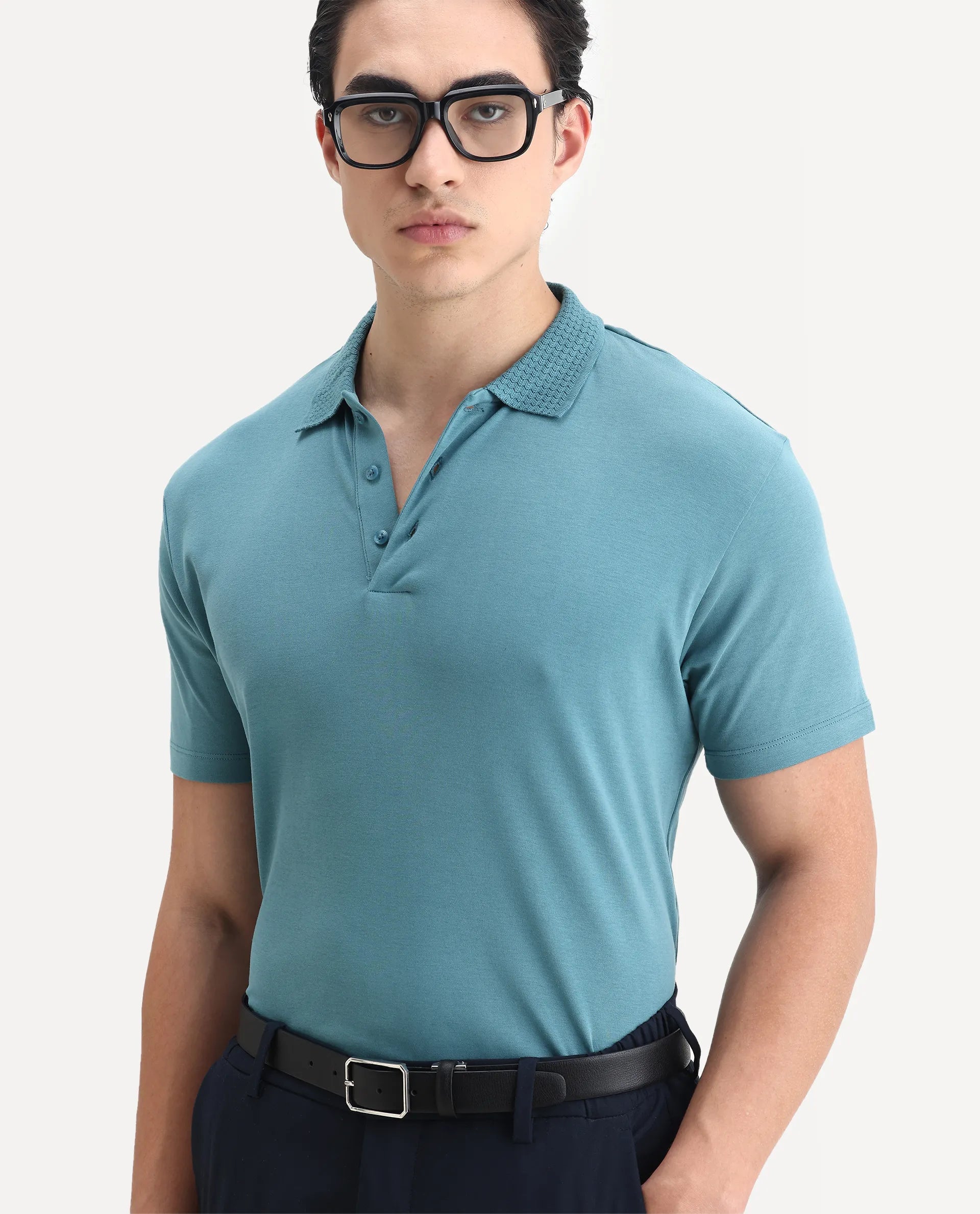 Rare Rabbit Men's Braidey Teal Cotton Plain Regular Fit Half Sleeve Polo