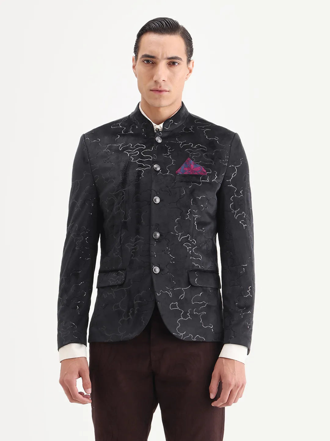 Rare Rabbit Men's Caldy Black Polyester Blend Embellished Tailored Fit Full Sleeve Mandarin Collar Bandhgala Jodhpuri