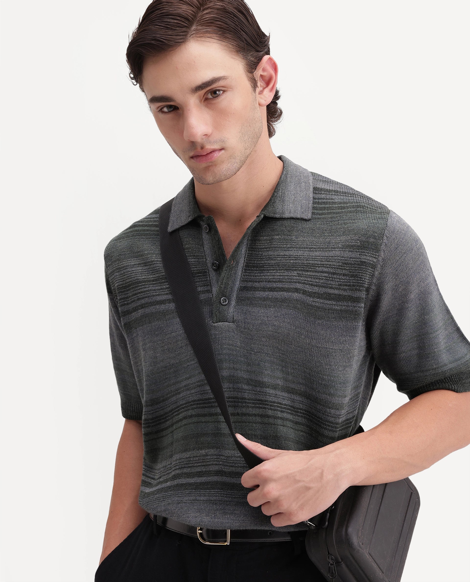 Rare Rabbit Men's Carto Dusky Green Acrylic Spread Collar Regular Jacquard Print Polo