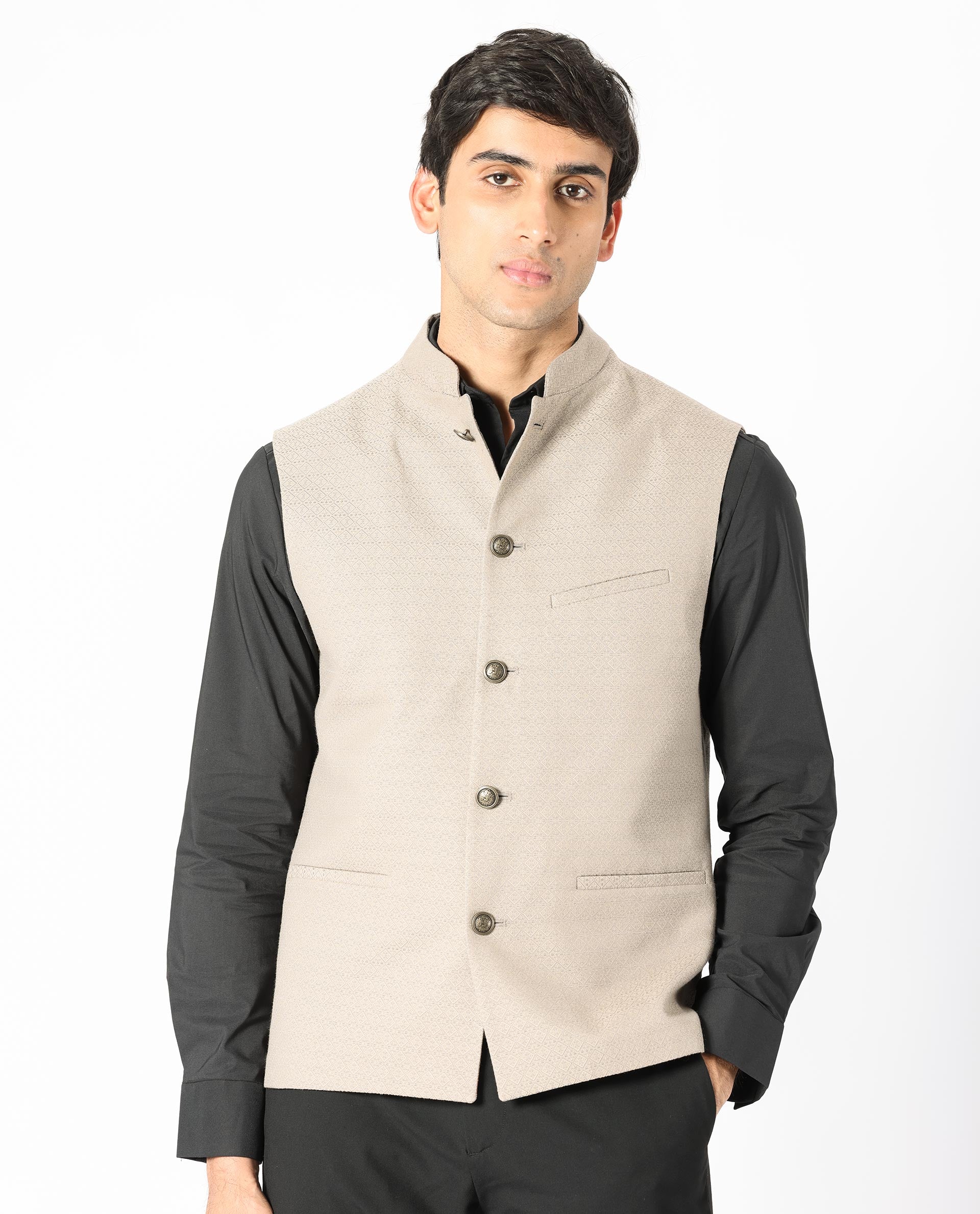 Rare Rabbit Men's Cerny Dark Beige Polyester Jacquard Tailored Fit Sleeveless Mandarin Collar Bandhgala