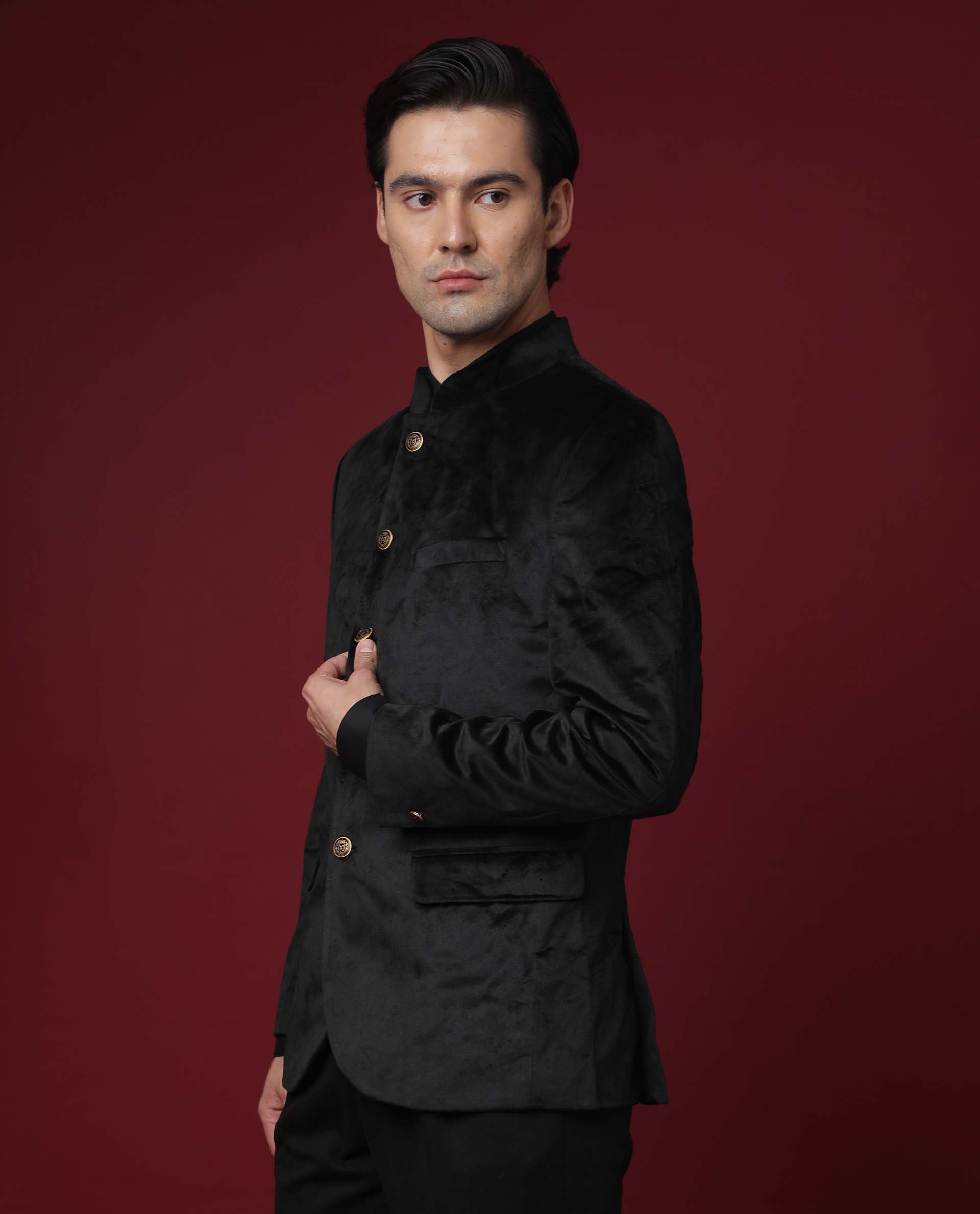 Rare Rabbit Men's Core Black Polyester Blend Plain Tailored Fit Full Sleeve Mandarin Collar BandhgalaJodhpuri