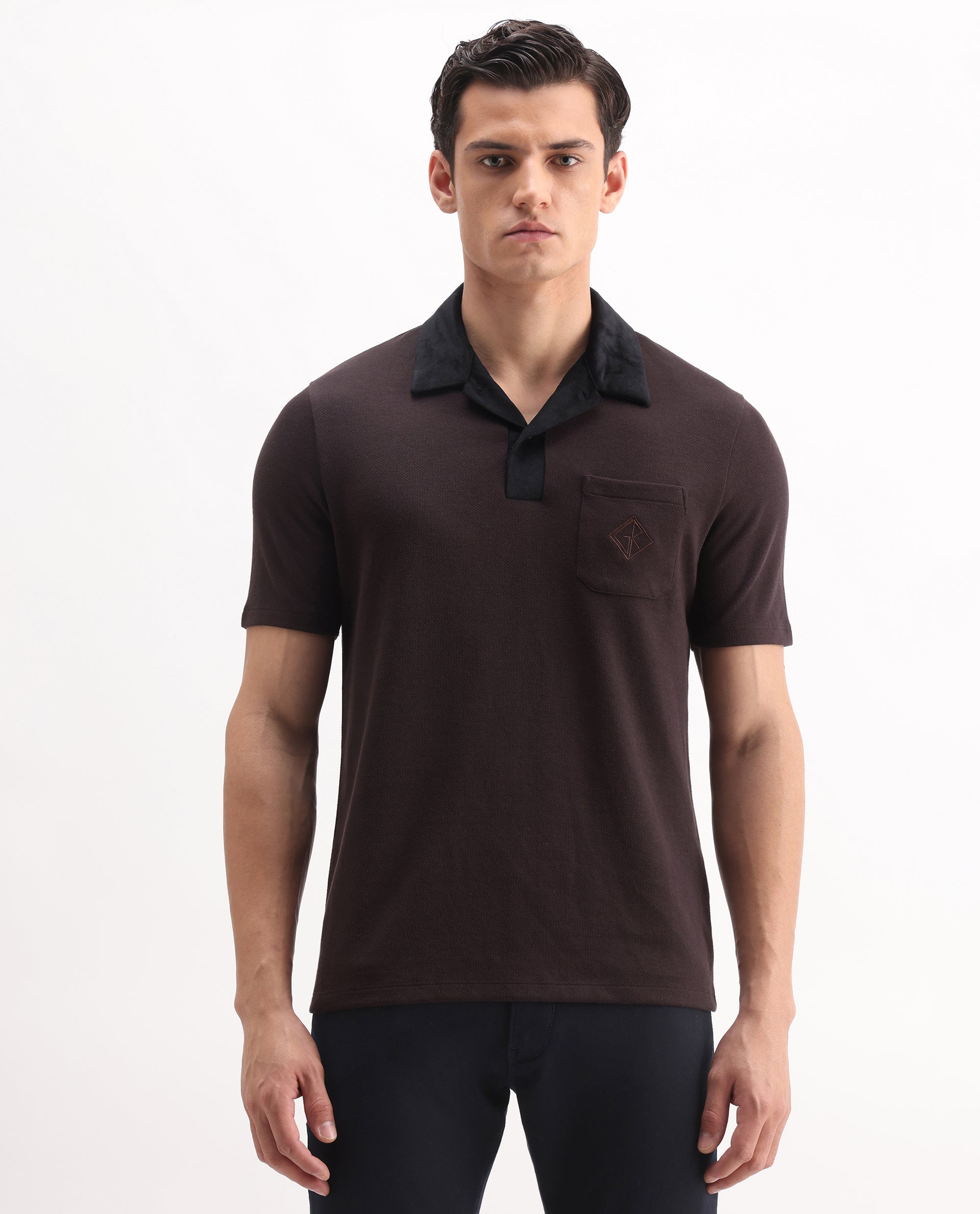 Rare Rabbit Men's Danio Dark Brown Cotton Blend Plain Regular Fit Half Sleeve Polo