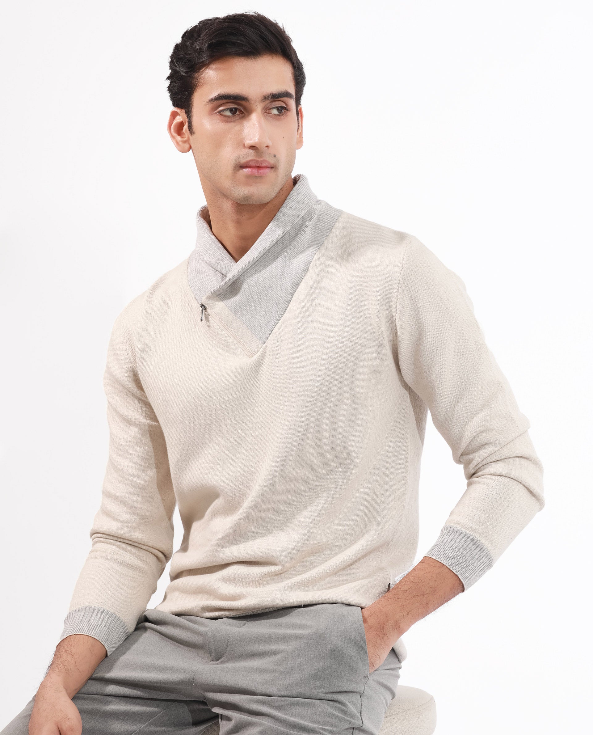 Rare Rabbit Men's Denver Off White Plain Regular Fit Full Sleeve Cowl Neck Sweater