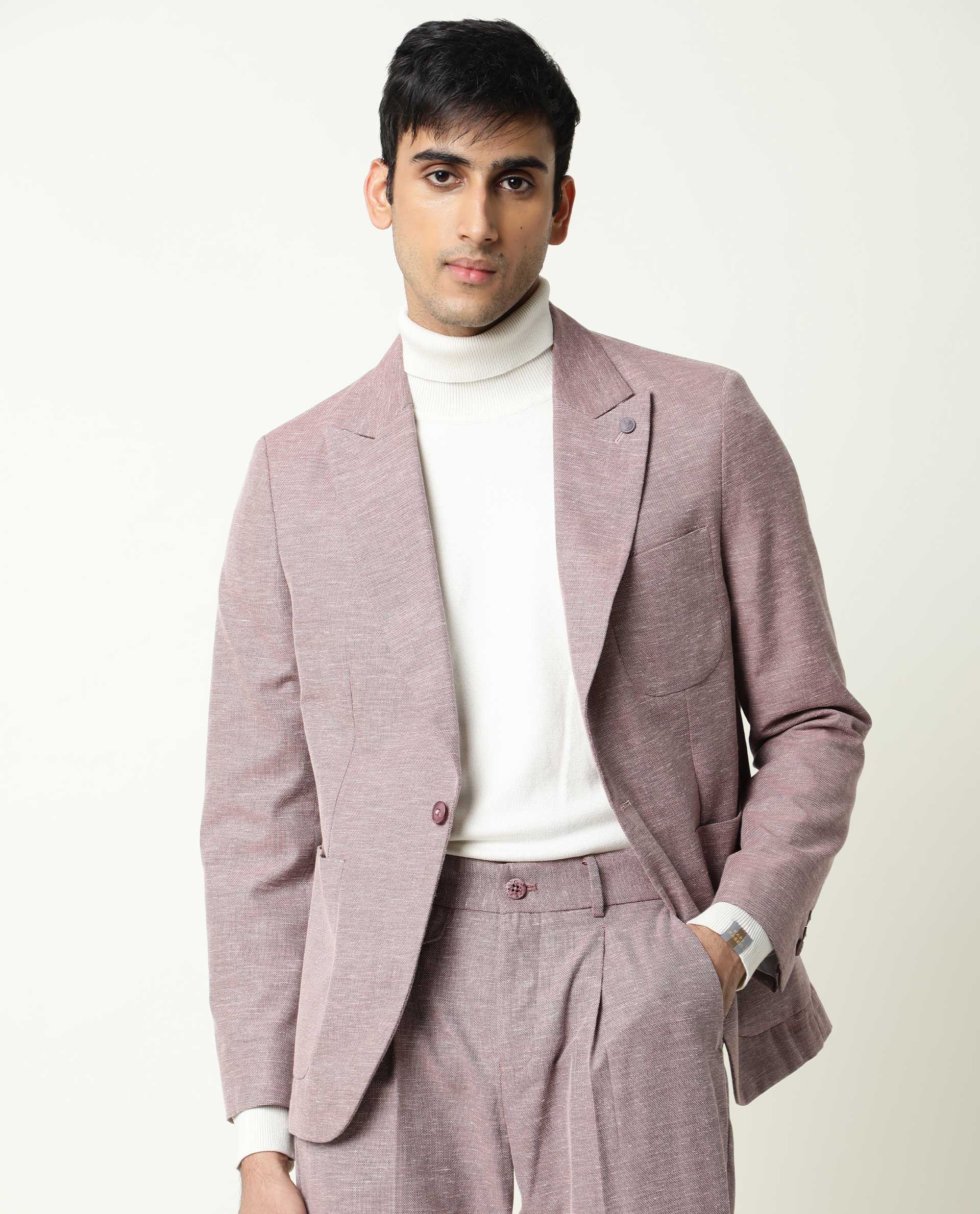 Rare Rabbit Men's Dexit Maroon Polyester Plain Tailored Fit Full Sleeve Lapel Neck Blazer