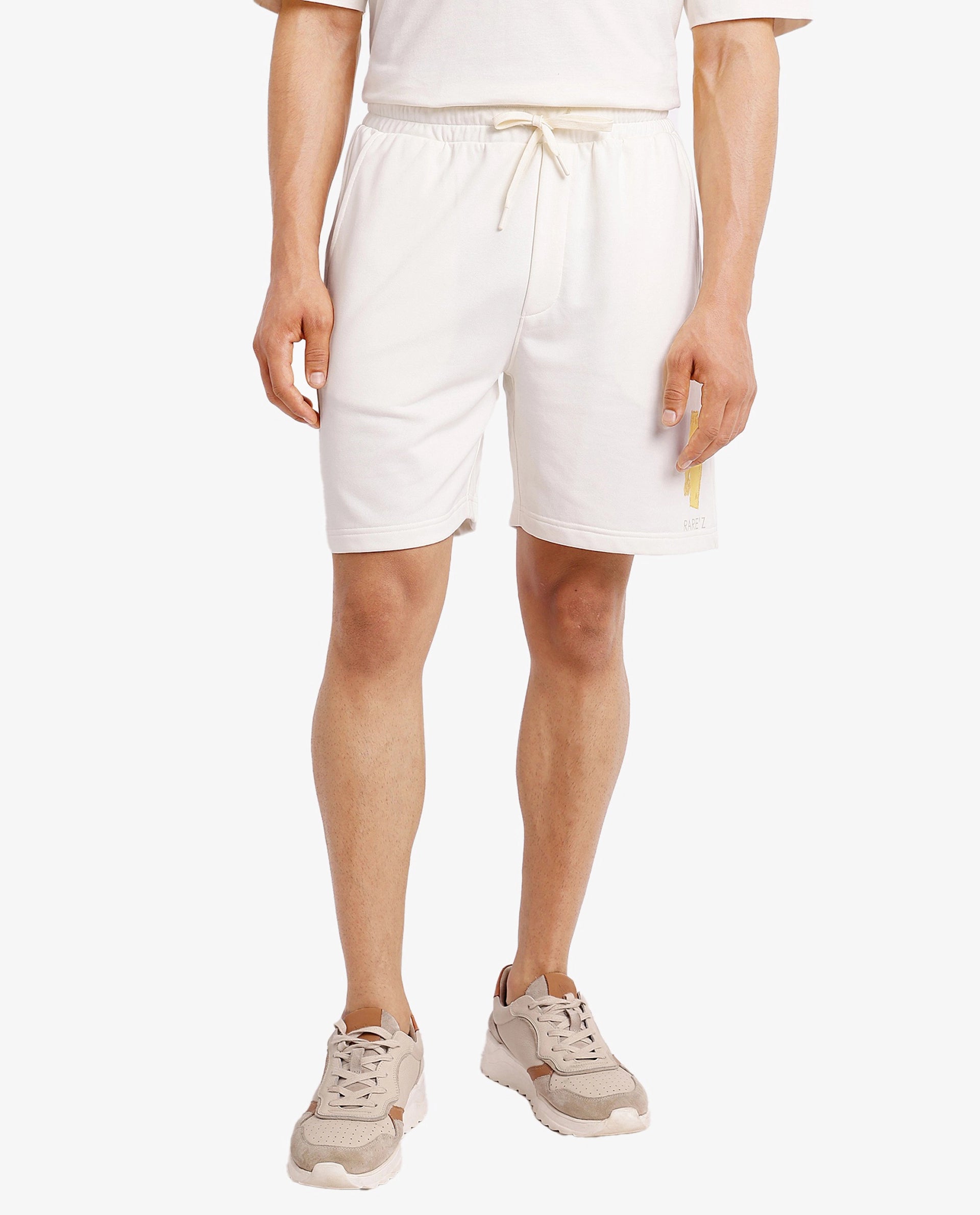 Rare Rabbit Men's Jadez-B Off White Cotton Blend Plain Oversized Fit Shorts