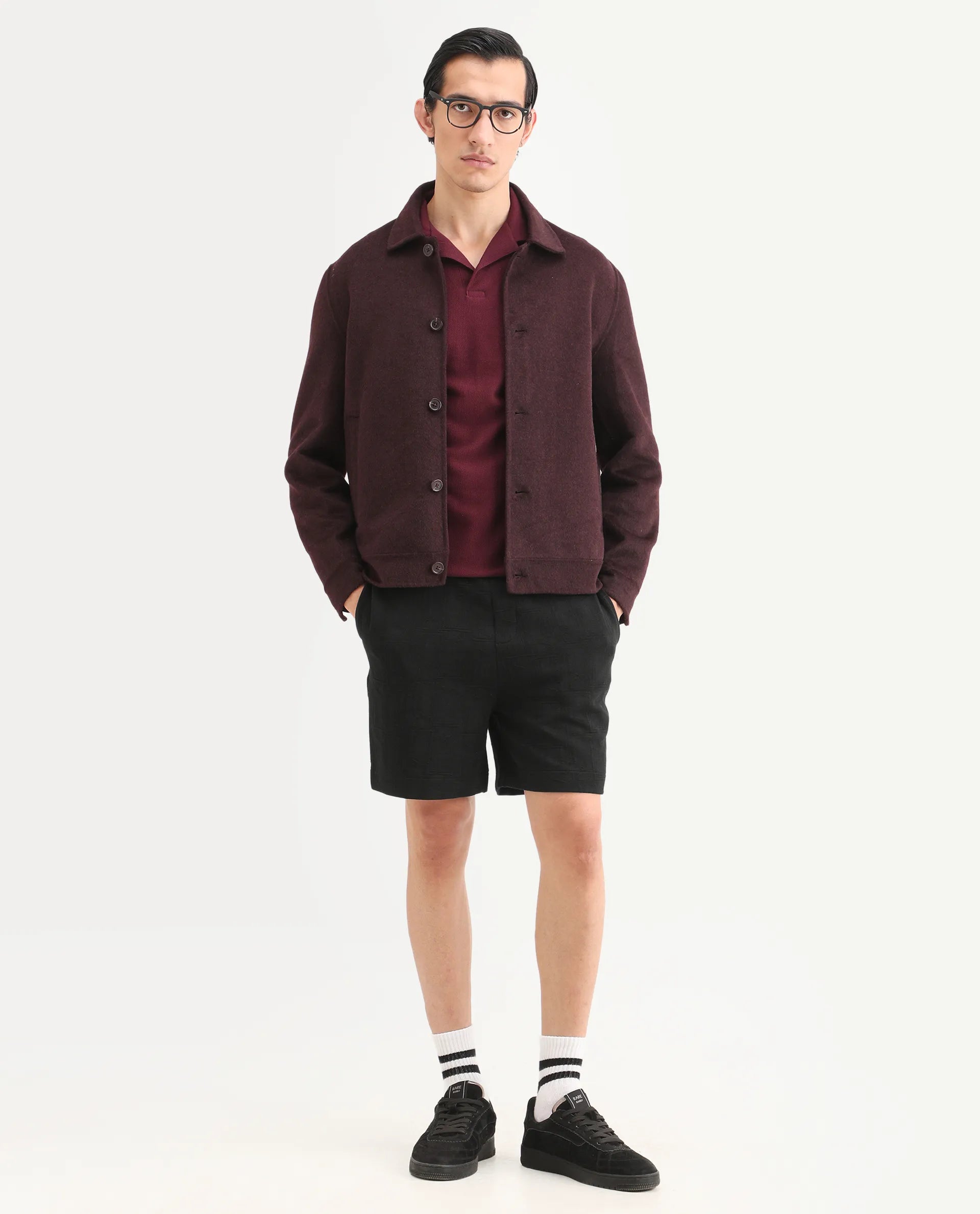 Rare Rabbit Men's Jas-1-Sh Black Cotton Blend Fabric Regular Fit Textured Shorts