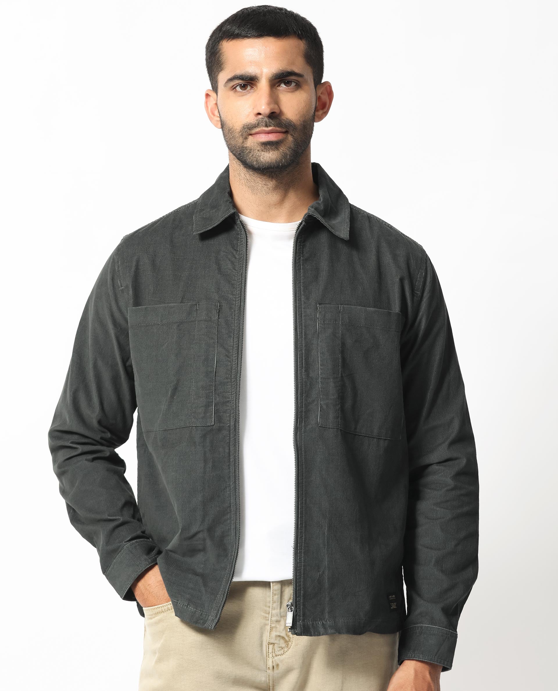 Rare Rabbit Men's Jilin Dark Grey Cotton Plain Relaxed Fit Full Sleeve Collared Shacket