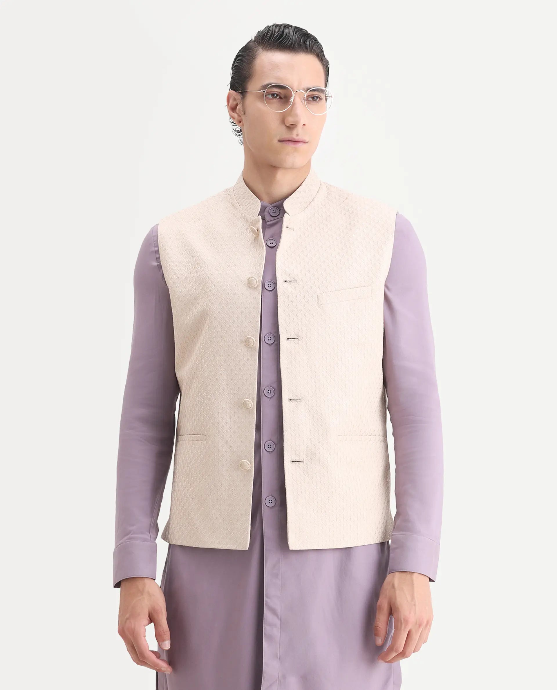 Rare Rabbit Men's Lasmos-B1 Beige Polyester Blend Embroidered Regular Fit Sleeveless Mandarin Collar Bandhgala Nehru Jacket