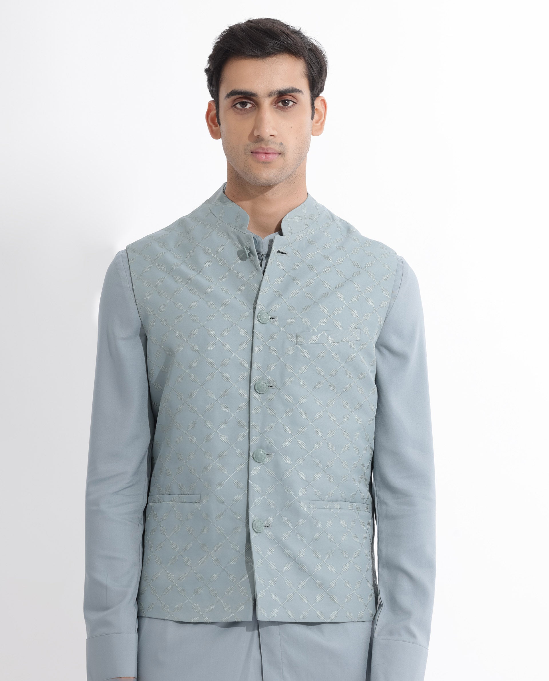 Rare Rabbit Men's Medob Dusky Green Viscose Embroidered Tailored Fit Sleeveless Mandarin Collar Bandhgala Rare Rabbit Men's Lasmos-B1 Beige Viscose Embroidered Regular Fit Sleeveless Mandarin Collar Bandhgala Nehru Jacket