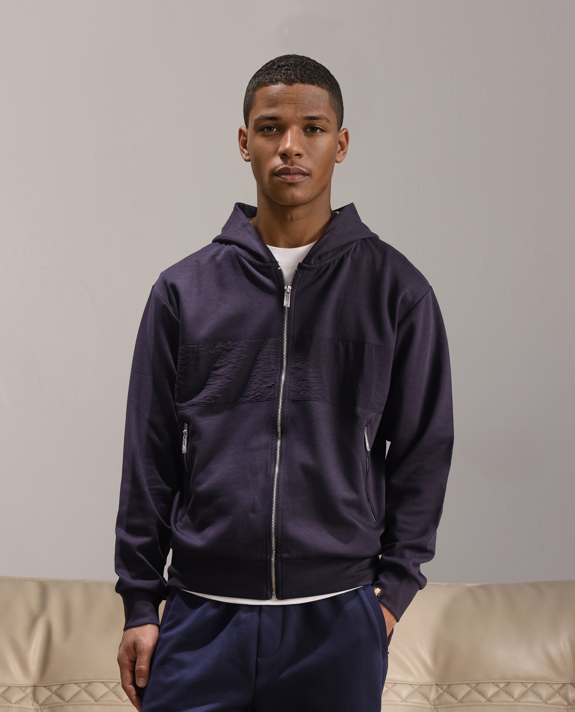 Rare Rabbit Men's Monct Navy Cotton Blend Cut And Sew Regular Fit Full Sleeve Hooded Sweatshirt