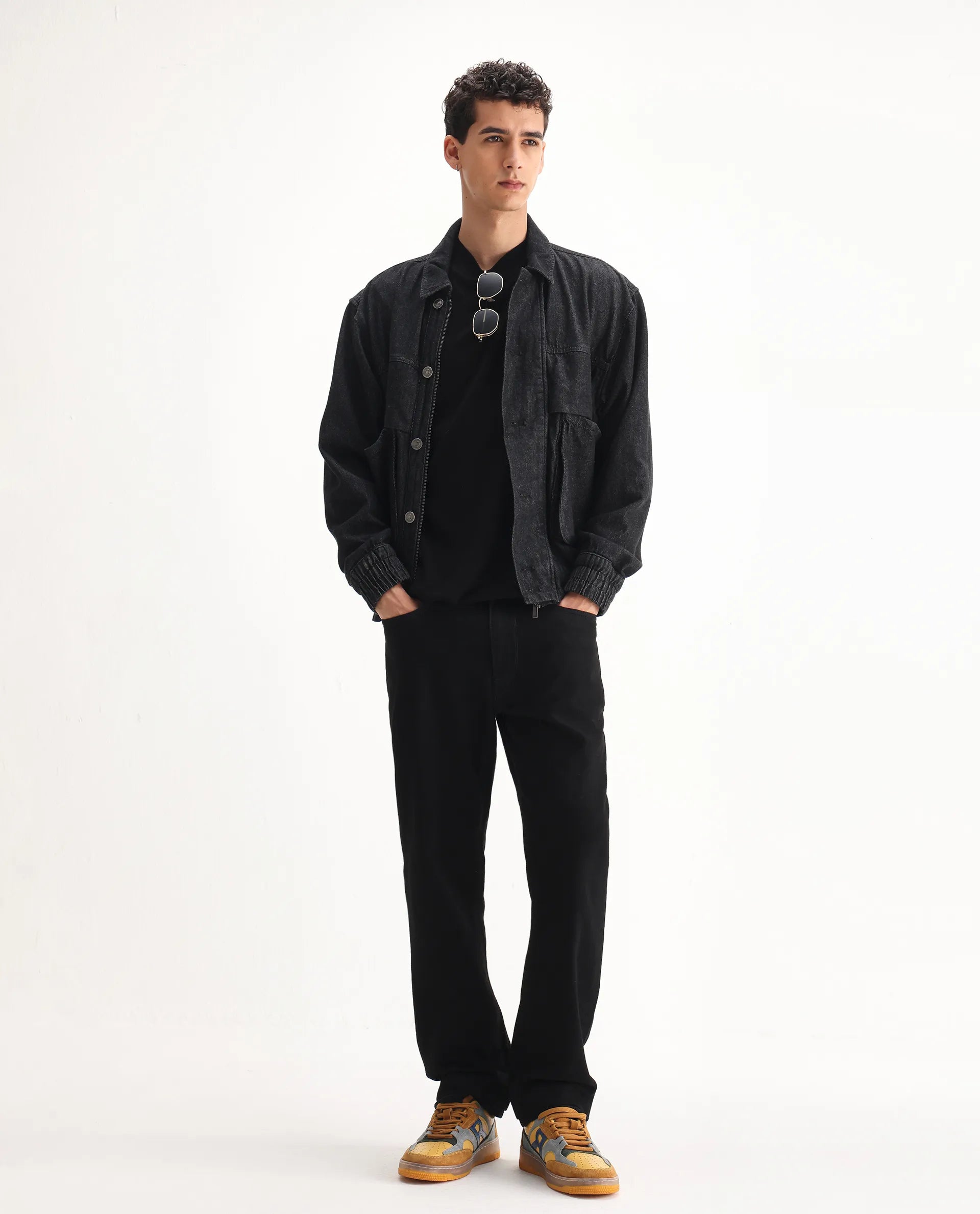 Rare Rabbit Men's Rosic Black Cotton Plain Morris Regular Fit Jeans