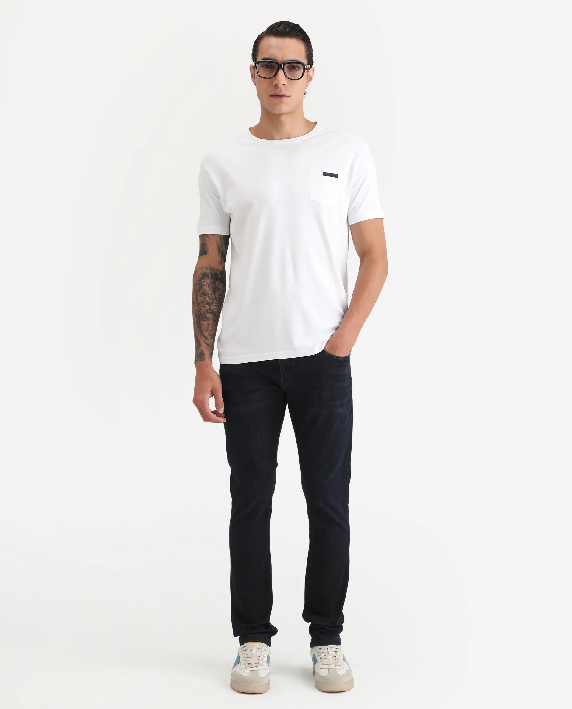 Rare Rabbit Men's Sain Navy Cotton Plain Hawk Slim Fit Jeans