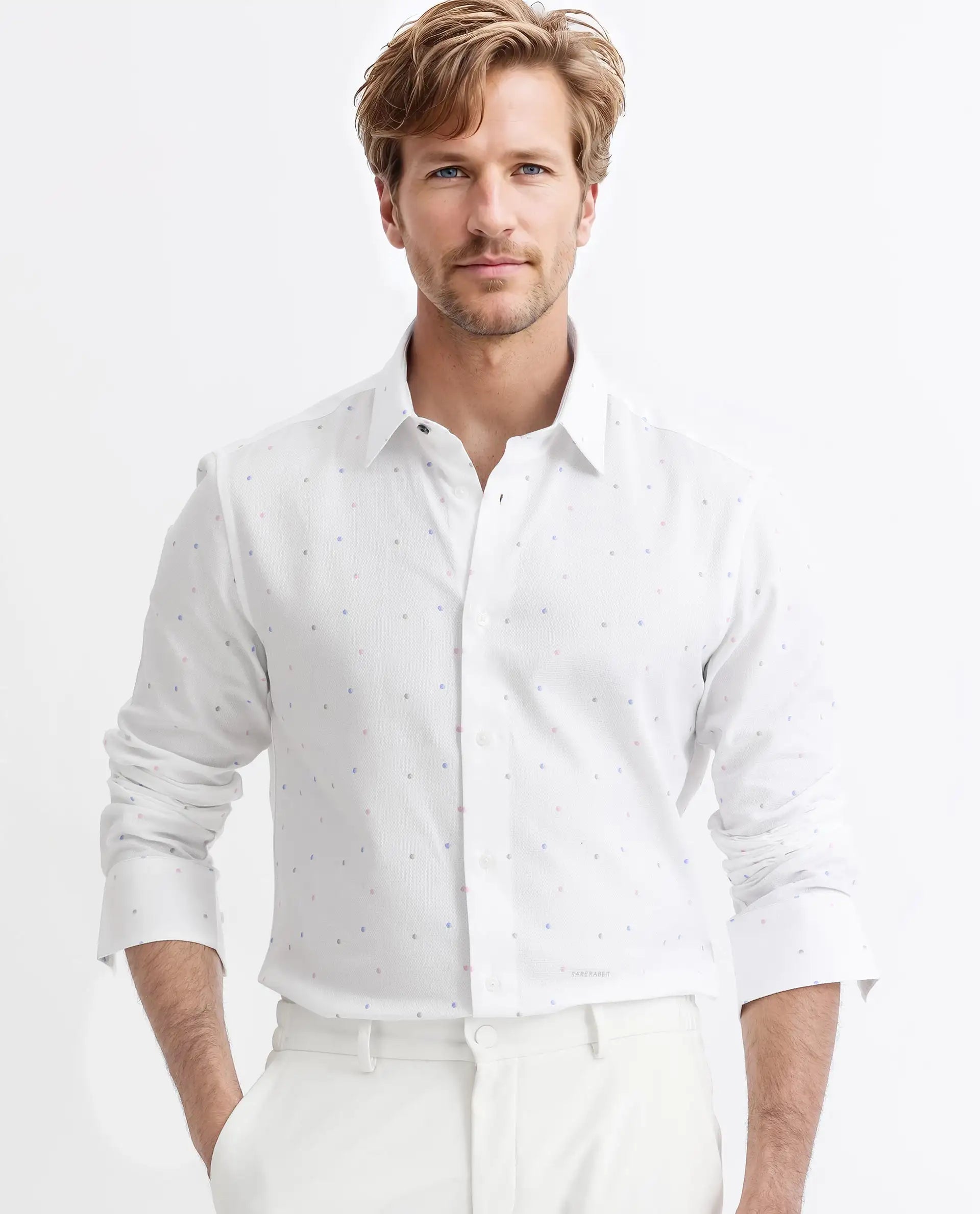 Rare Rabbit Men's Saturns White Cotton Polka Print Regular Fit Full Sleeve Collared Shirt