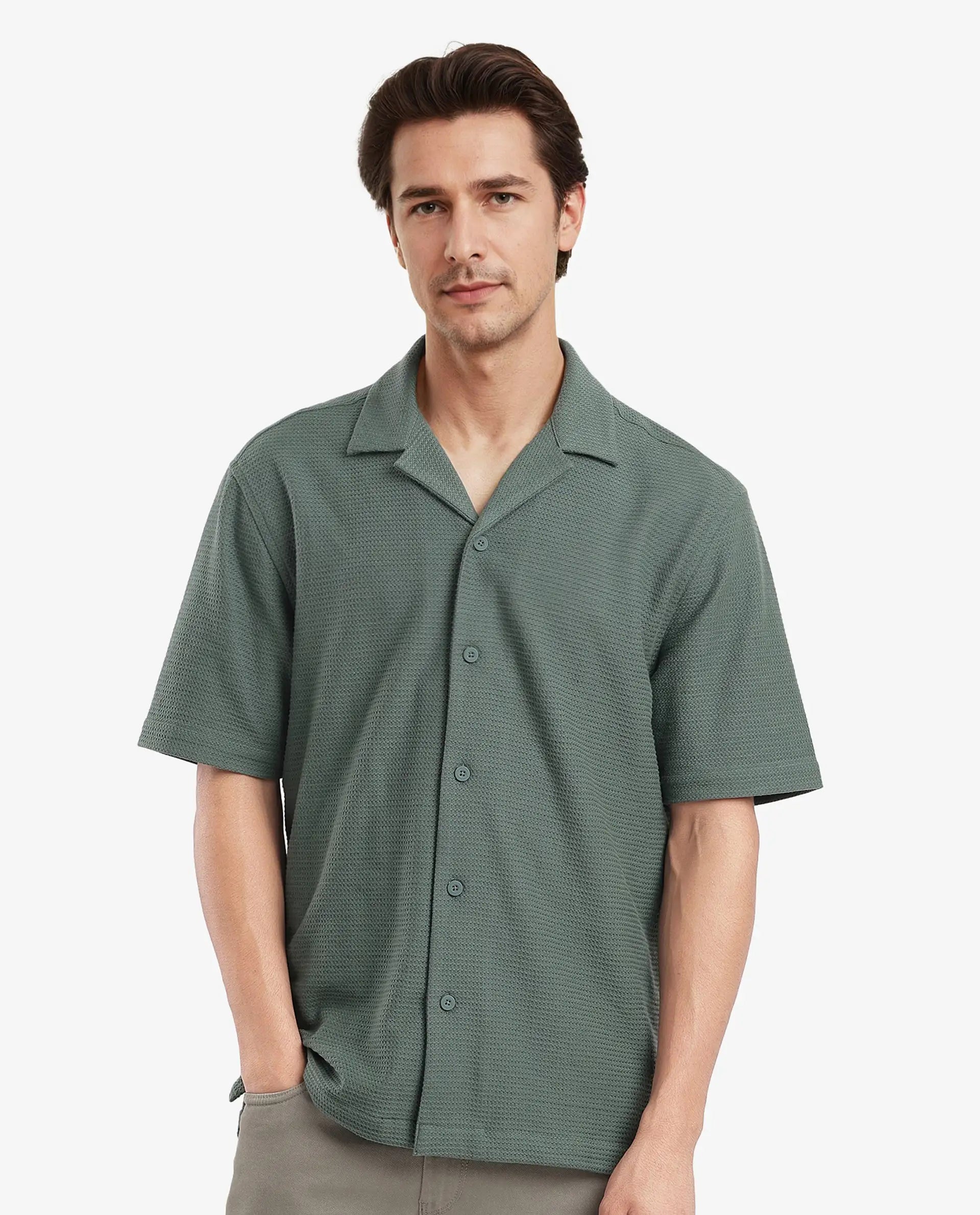 Rare Rabbit Men's Site Ss Dusky Green Plain Boxy Fit Half Sleeve Collared Shirt