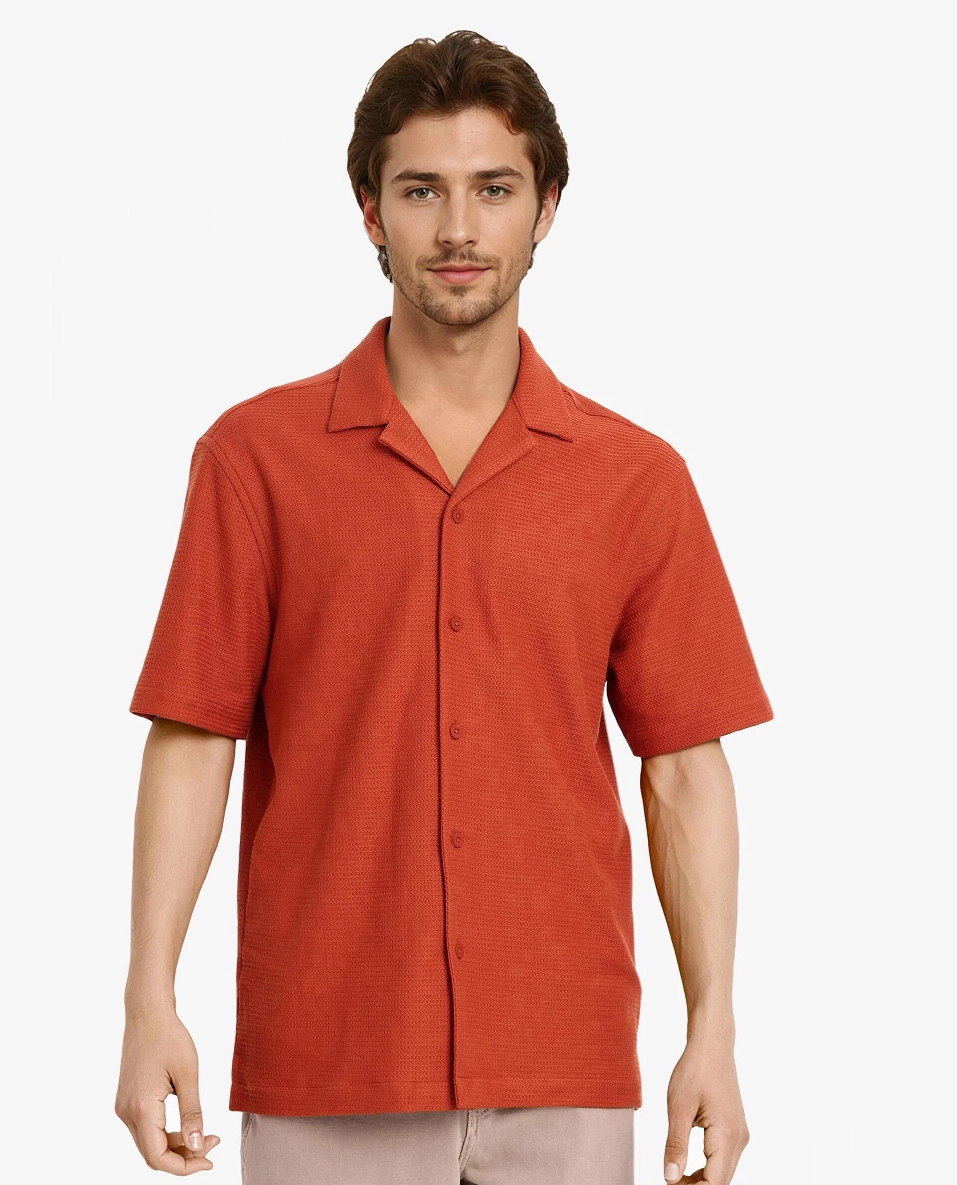 Rare Rabbit Men's Site Ss Rust Cotton Plain Boxy Fit Half Sleeve Cuban Collar Shirt