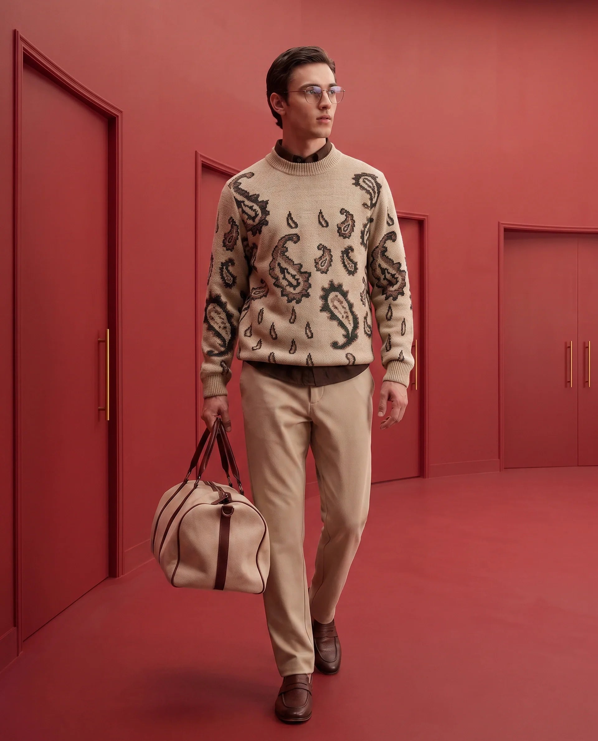 Rare Rabbit Men's Spav Beige Acrylic Regular Fit Paisley Print Sweater