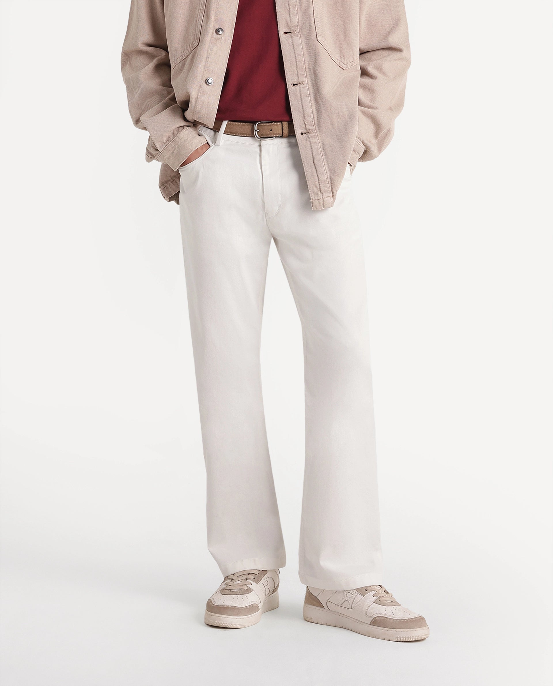 Rare Rabbit Men's Spoke-W White Cotton Blend Button And Zip Wide Leg Fit Plain Trouser