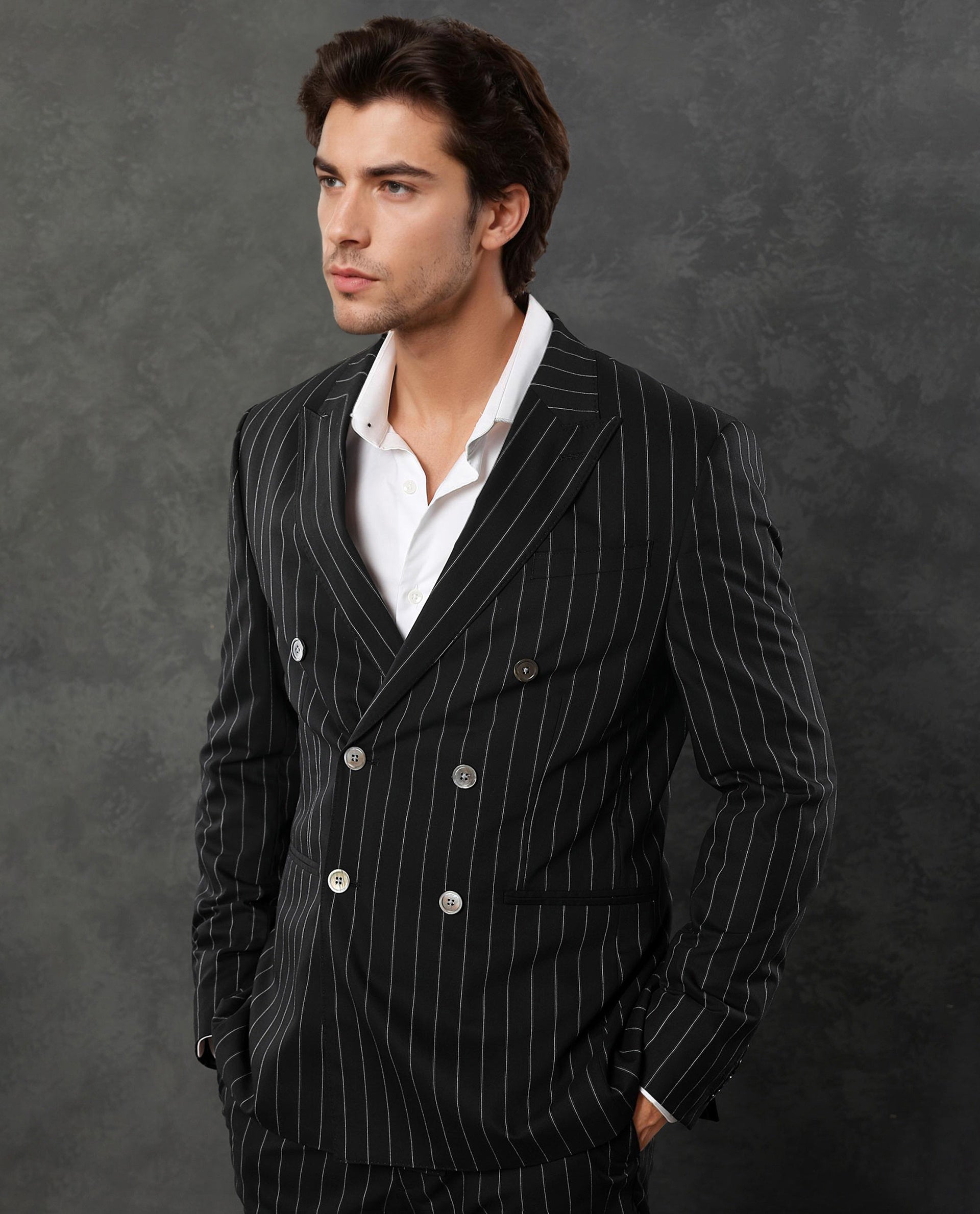 Rare Rabbit Men's Tazy Black Polyester Striped Print Tailored Fit Full Sleeve Lapel Neck Suits