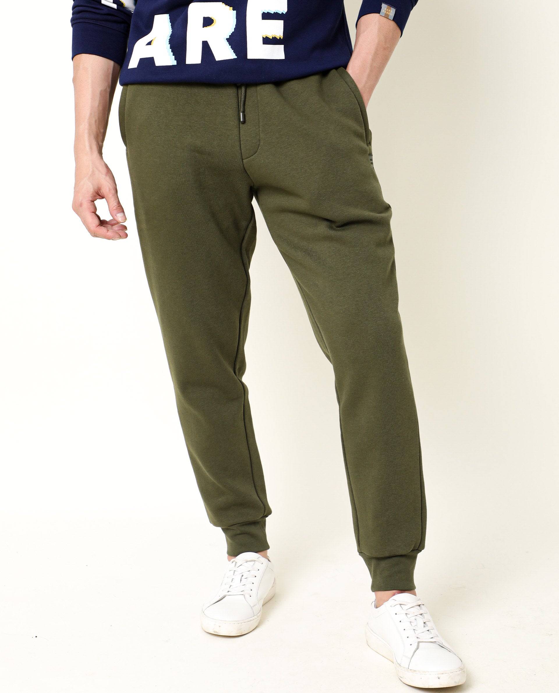 Rare Rabbit Men's Titan Green Cotton Plain Regular Fit Joggers