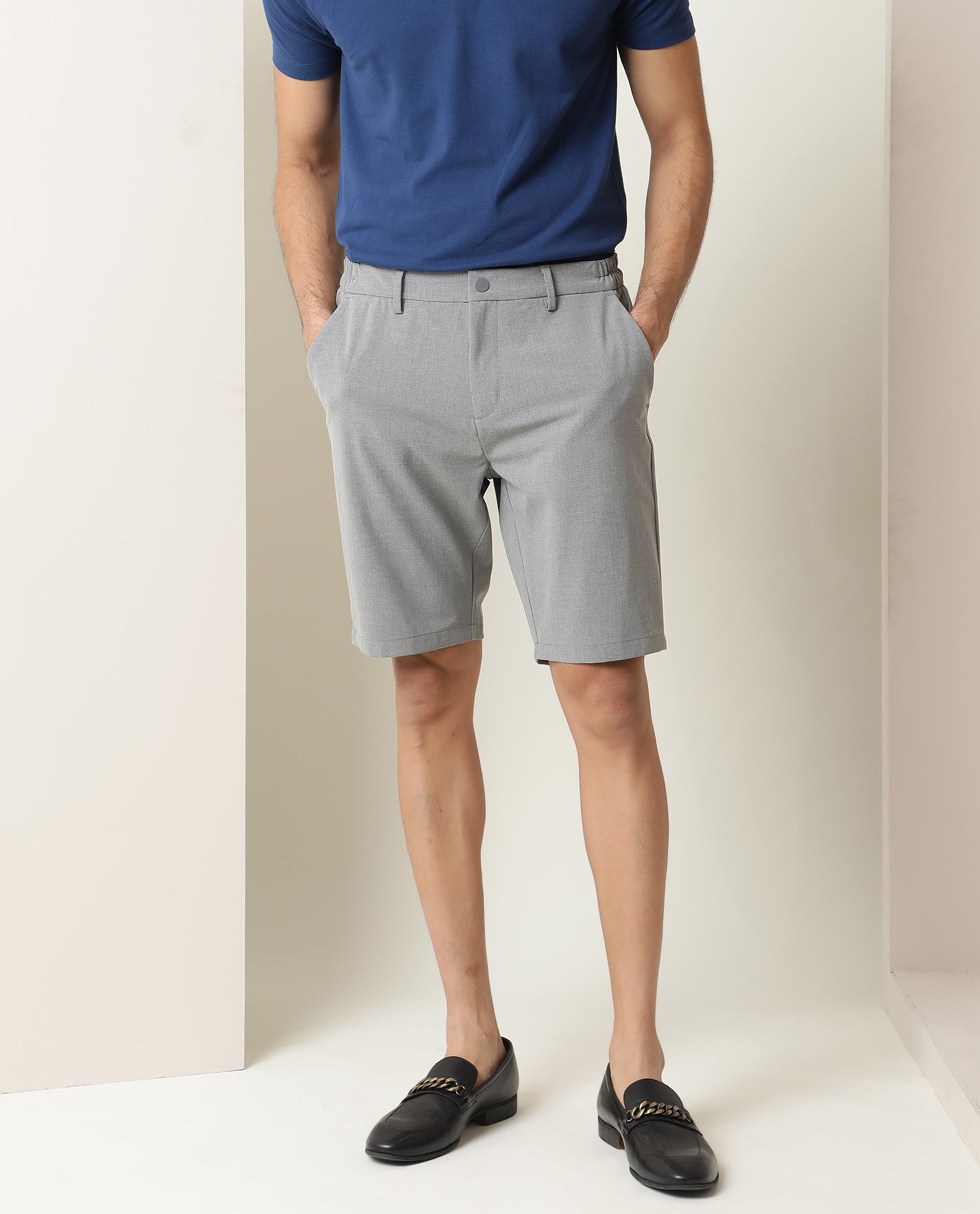 Rare Rabbit Men's Trip Grey Polyester Plain Regular Fit Shorts