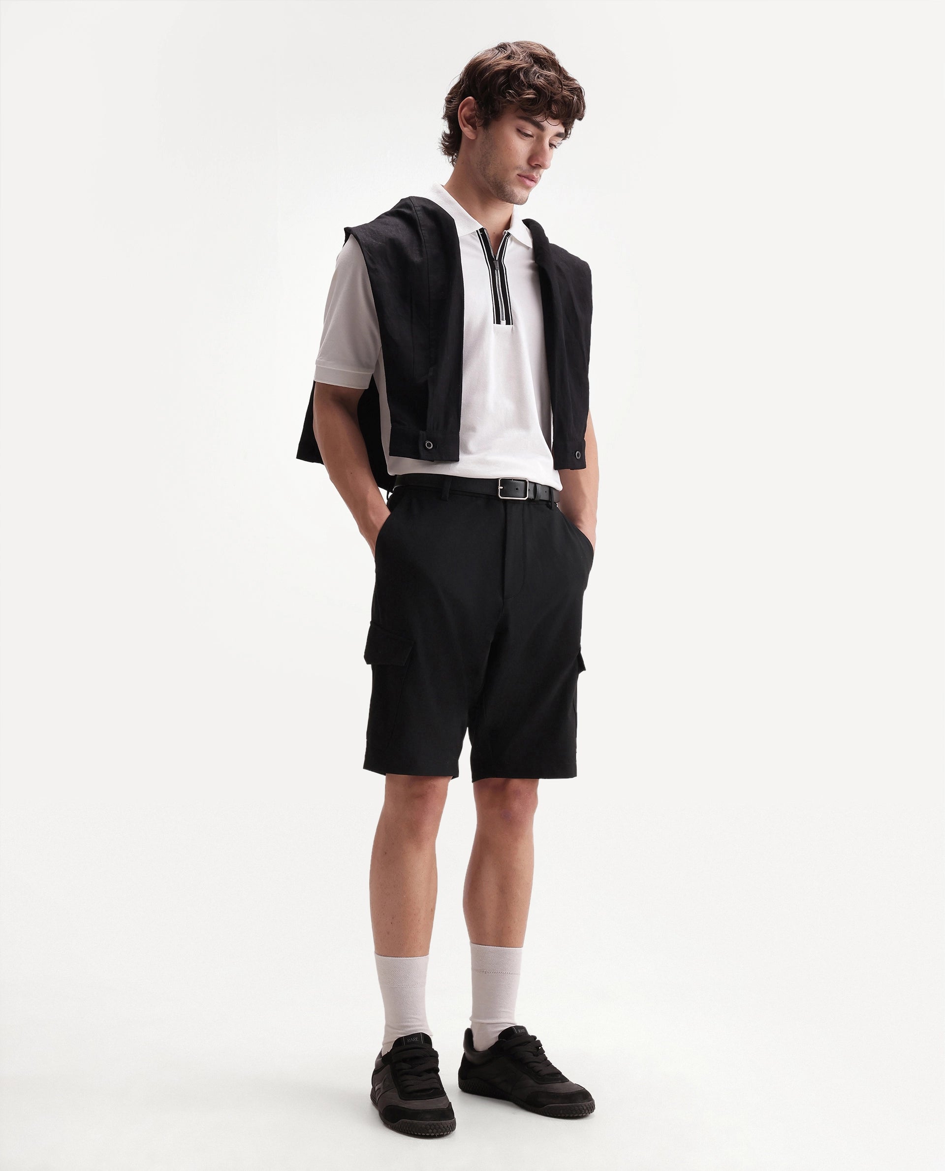 Rare Rabbit Men's Tripco-Aw26 Black Polyester Blend Fabric Regular Fit Plain Cargo Shorts