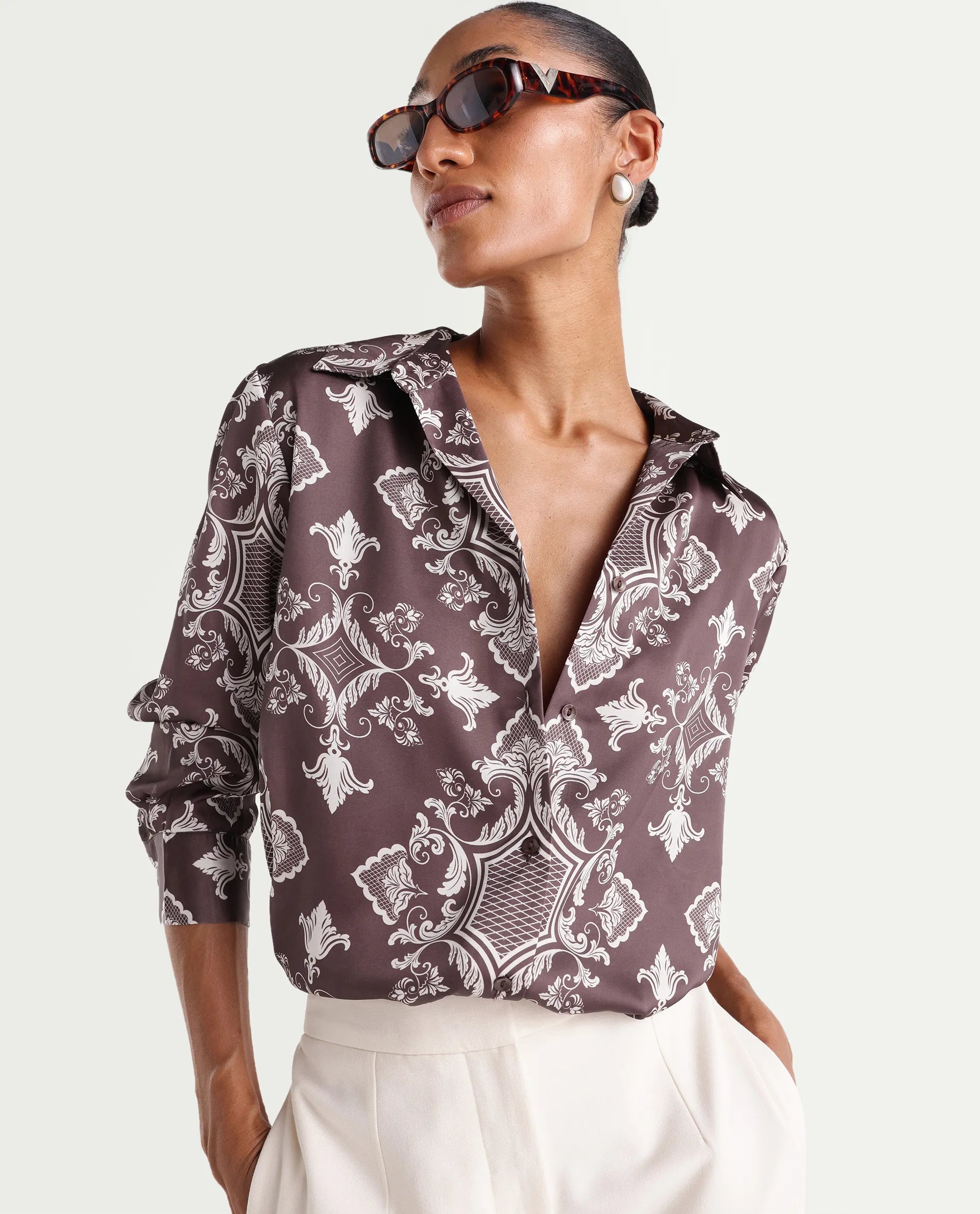 Rareism Women's Alor Brown Polyester Full Sleeve Spread Collar Relaxed Fit Printed Shirt