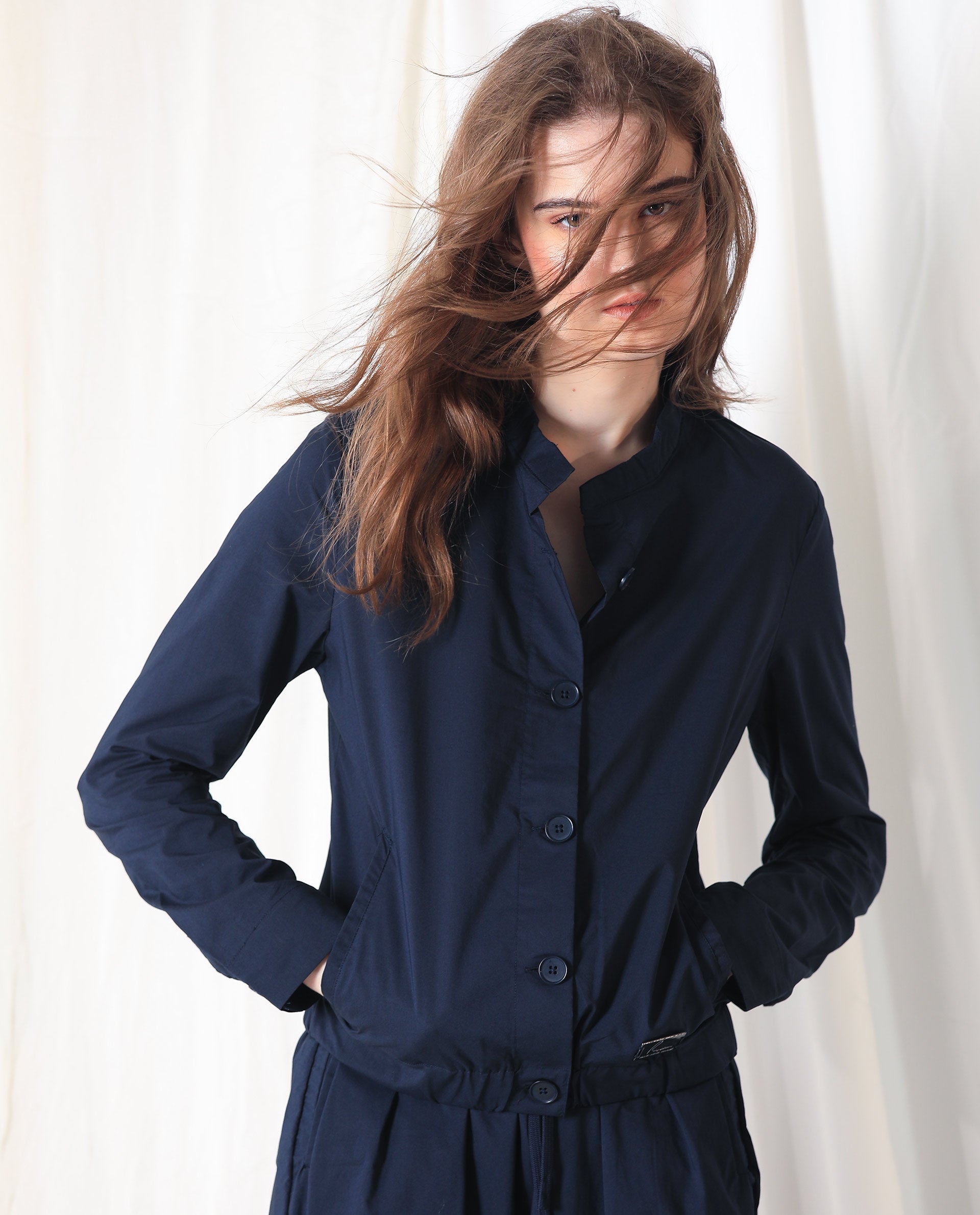 Rareism Women's Aomori Navy Polyester Blend Mandarin Collar Plain Regular Fit Jacket
