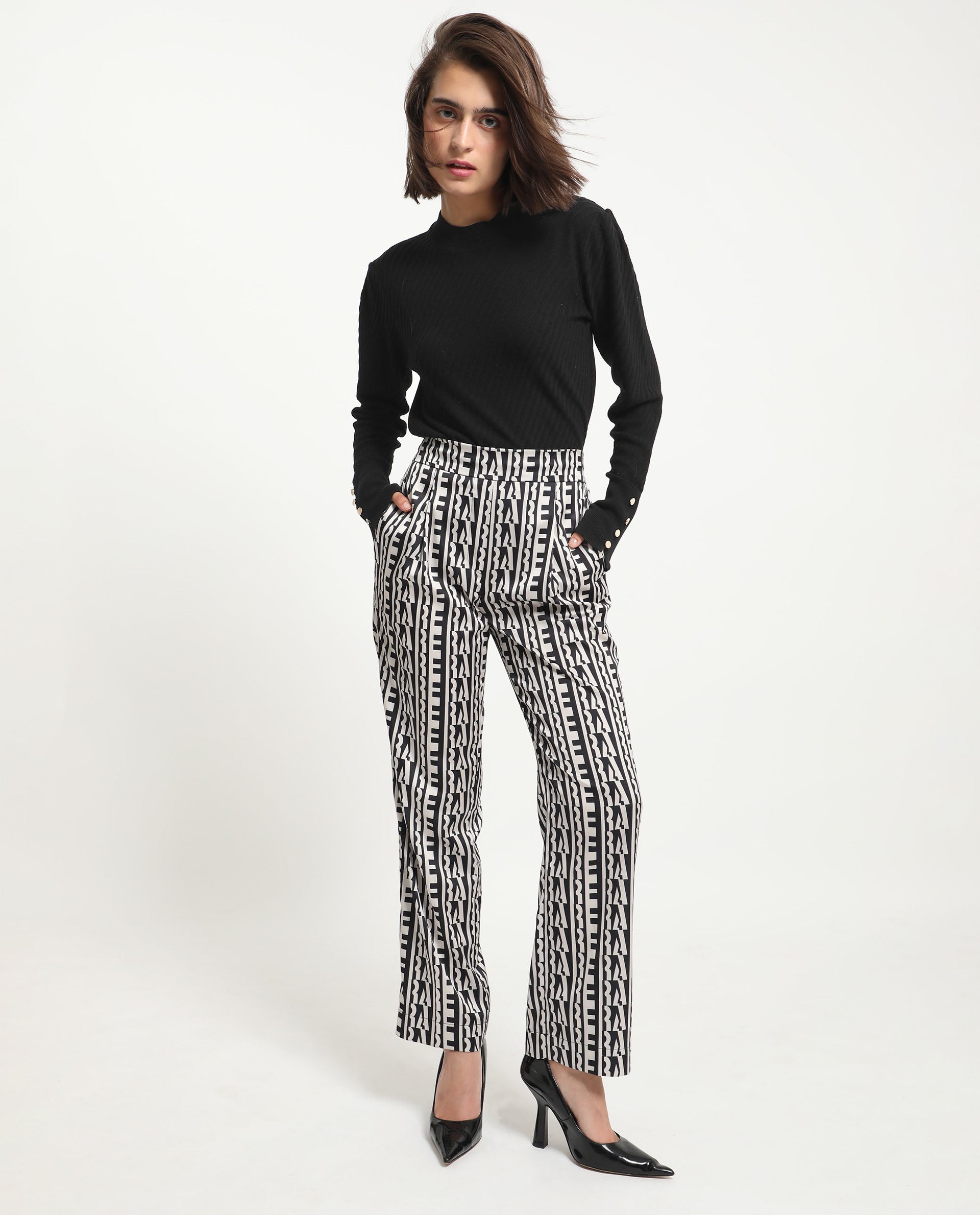 Rareism Women's Atantit Black Polyester Geometric Print Ankle Length Tailored Trouser