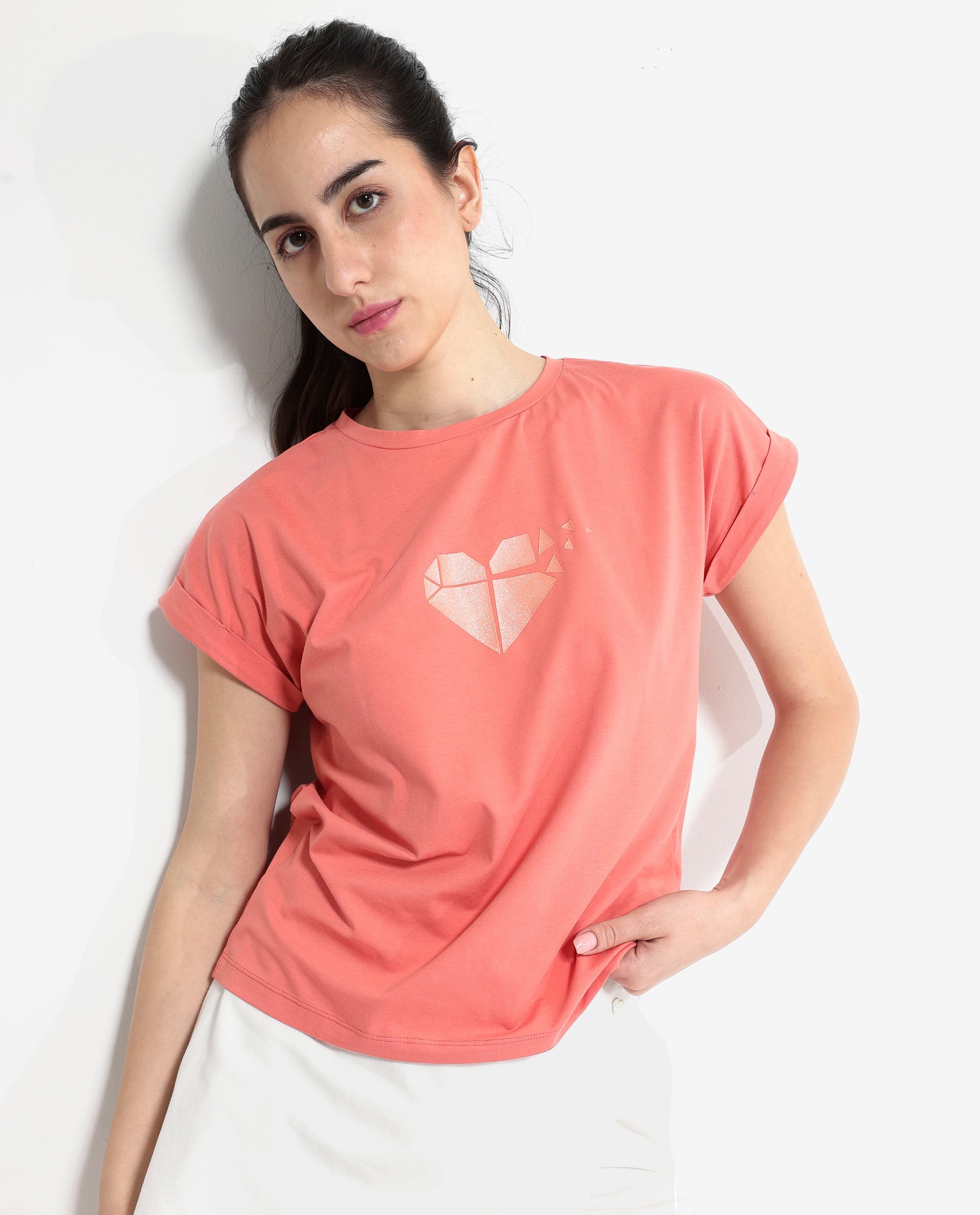 Rareism Women's Brahe Light Orange Cotton Crew Neck Graphic Print Boxy Fit T-Shirt