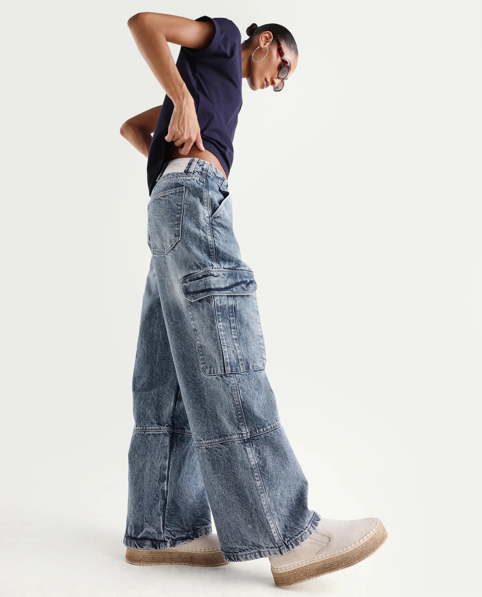 Rareism Women's Caro Light Blue Cotton Plain Ankle Length Tall Barrel Fit Jeans
