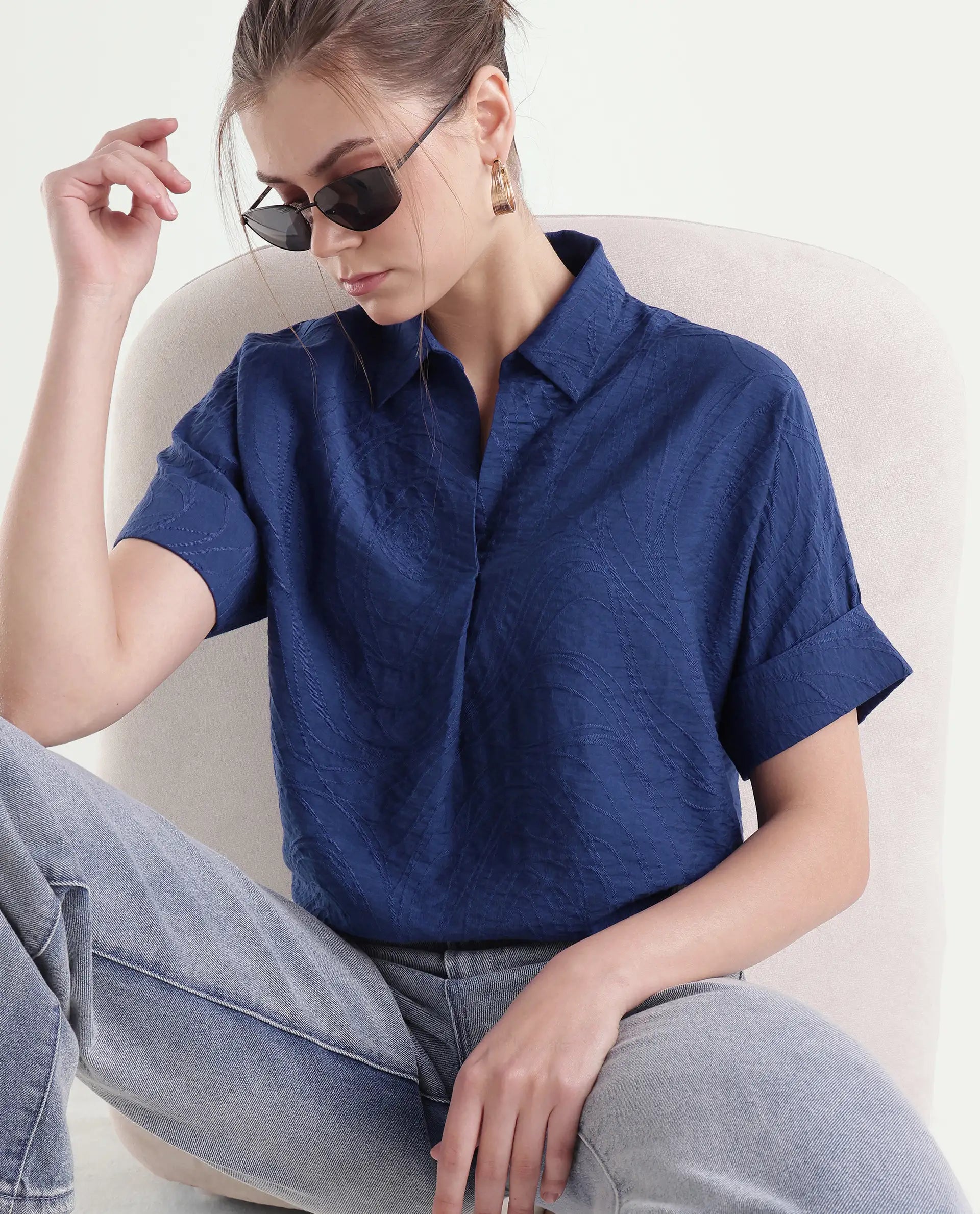 Rareism Women's Dazure Blue Viscose Blend Spread Collar Boxy Jacquard Top