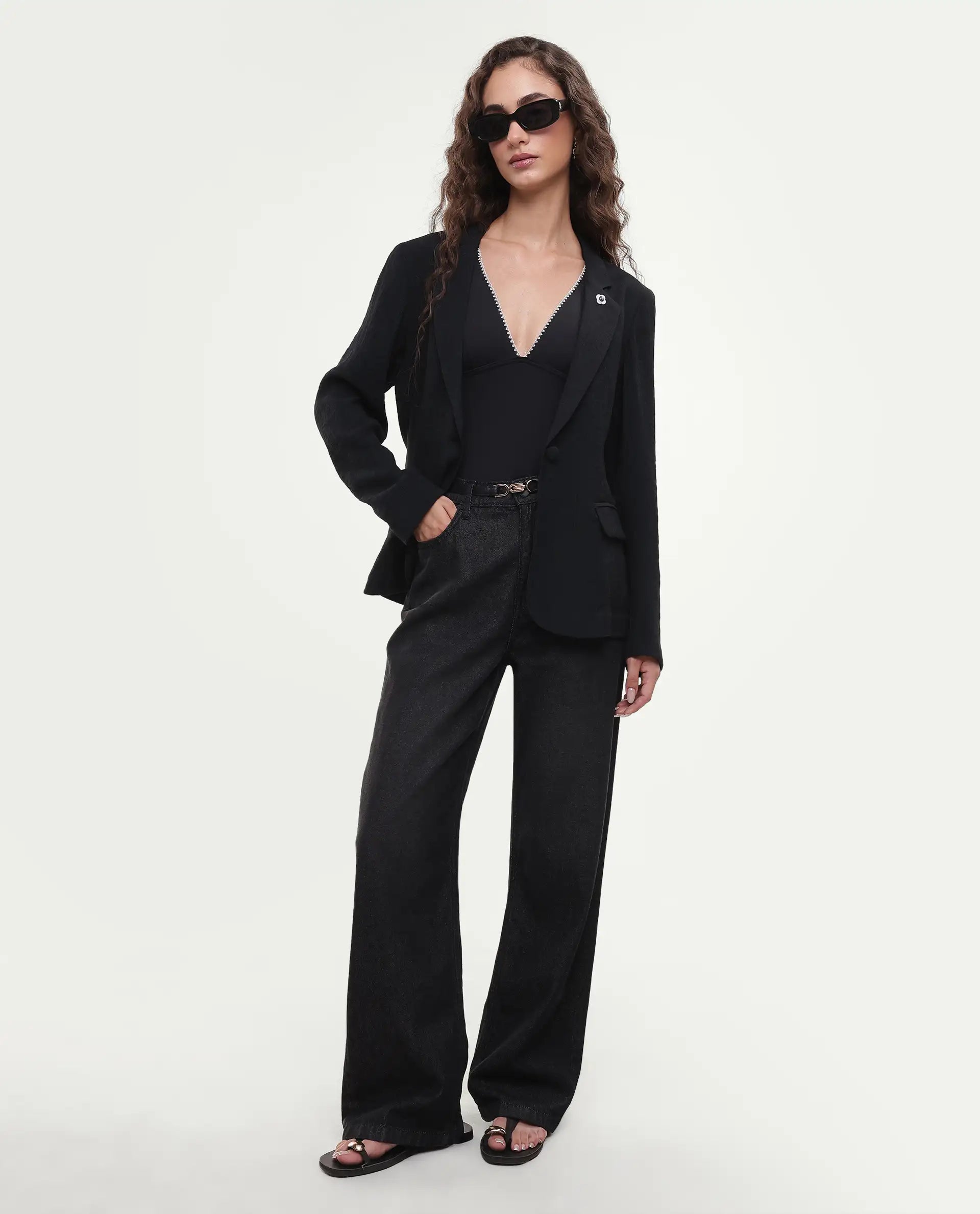 Rareism Women's Diza Black Viscose Blend Lapel Neck Button Regular Plain Blazer