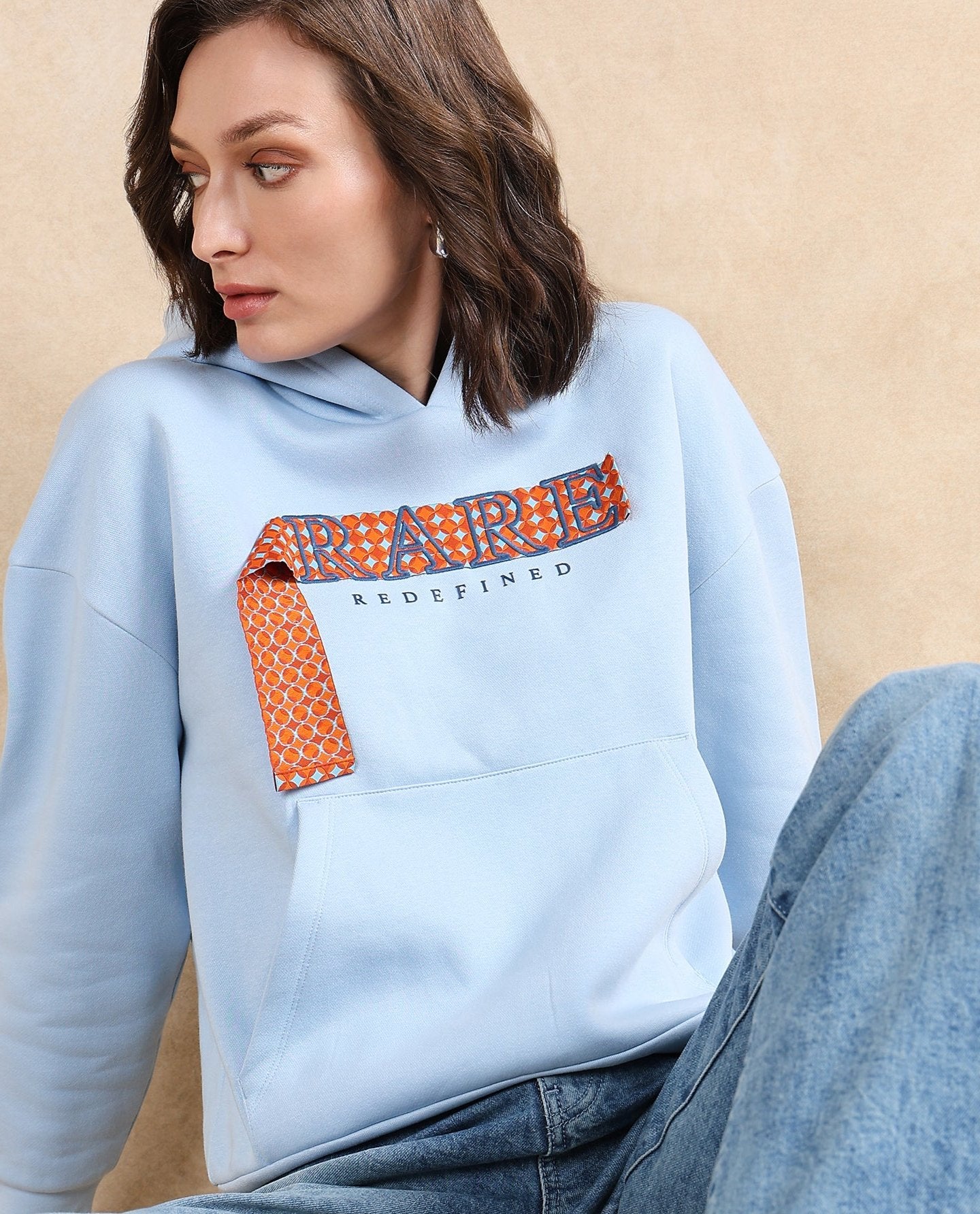 Rareism Women's Emtap Light Blue Cotton Blend Hooded Graphic Print Relaxed Fit Sweatshirt
