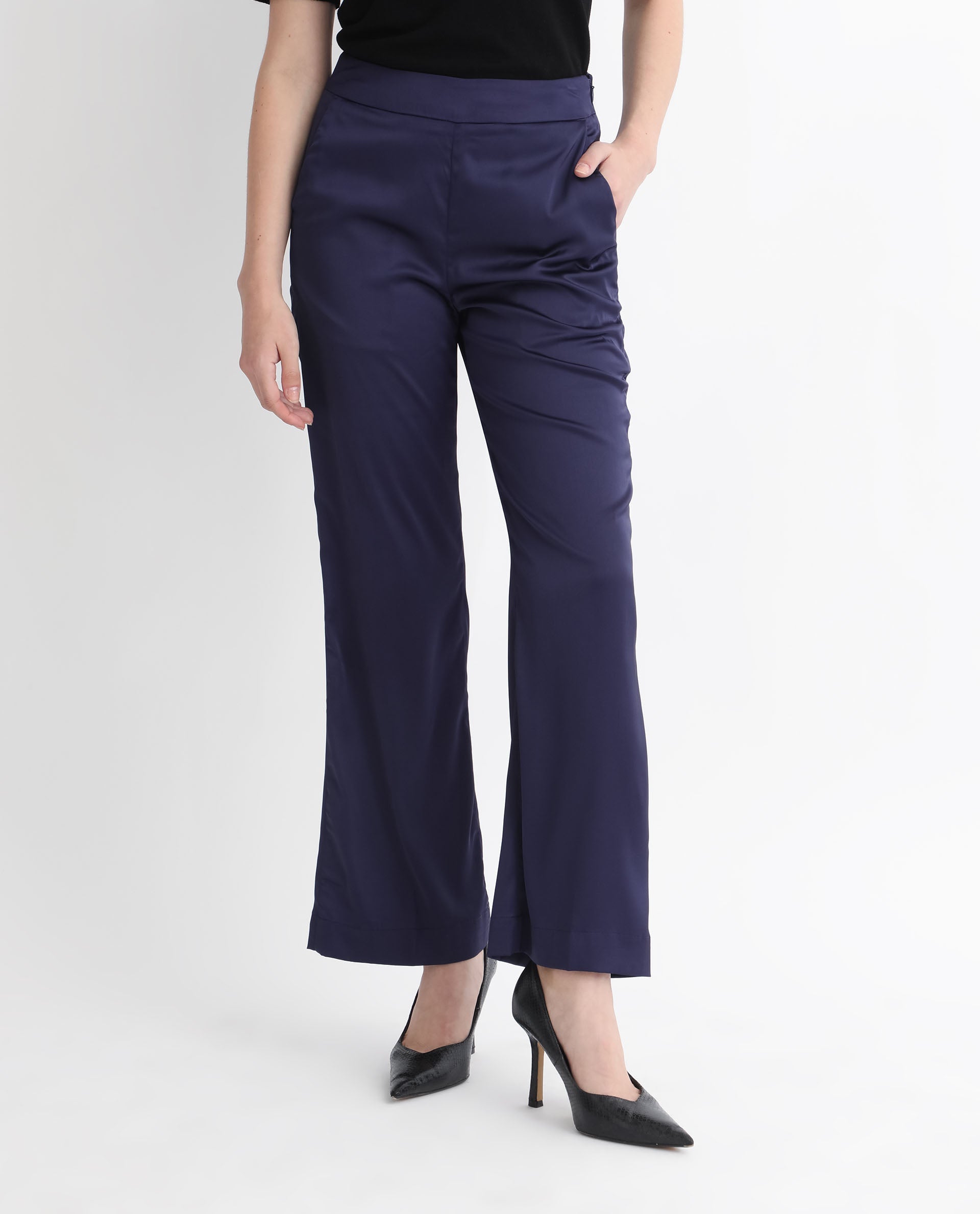 Rareism Women's Falket Dark Blue Polyester Plain Ankle Length Relaxed Fit Trouser