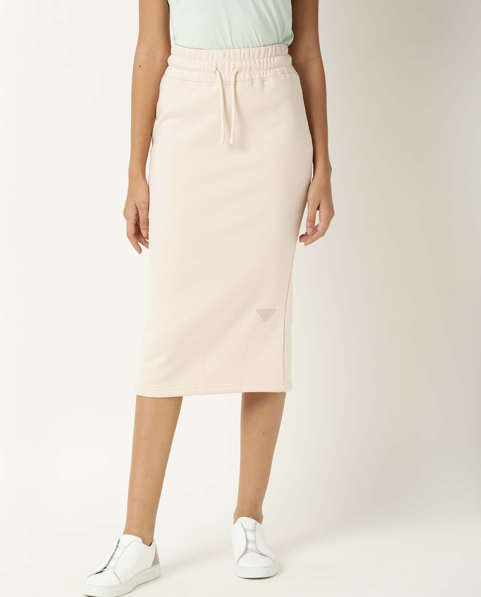 Rareism Women's Fudge Beige Polyester Blend Plain Midi Tailored Skirt