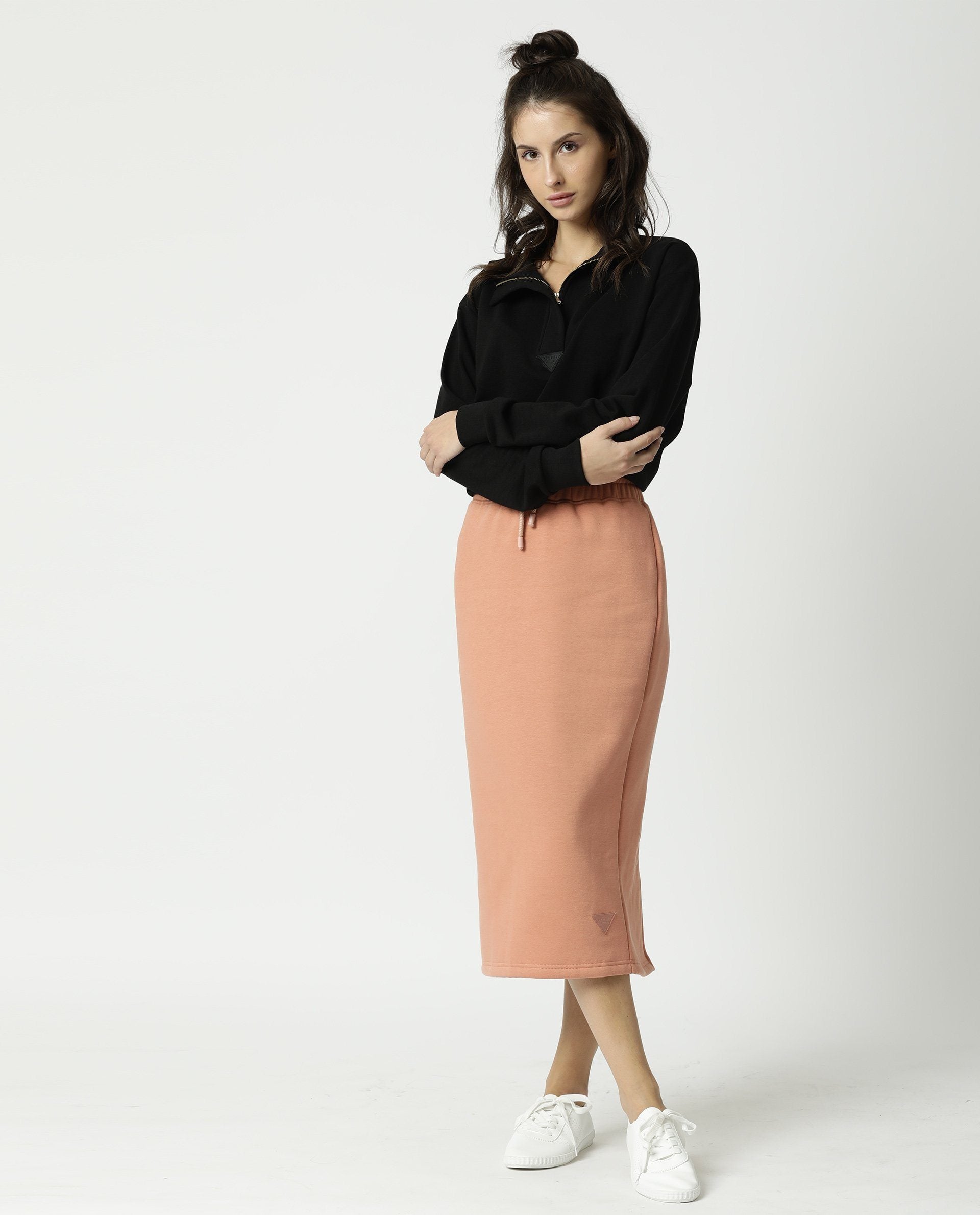 Rareism Women's Fudge Orange Polyester Blend Plain Midi Tailored Skirt