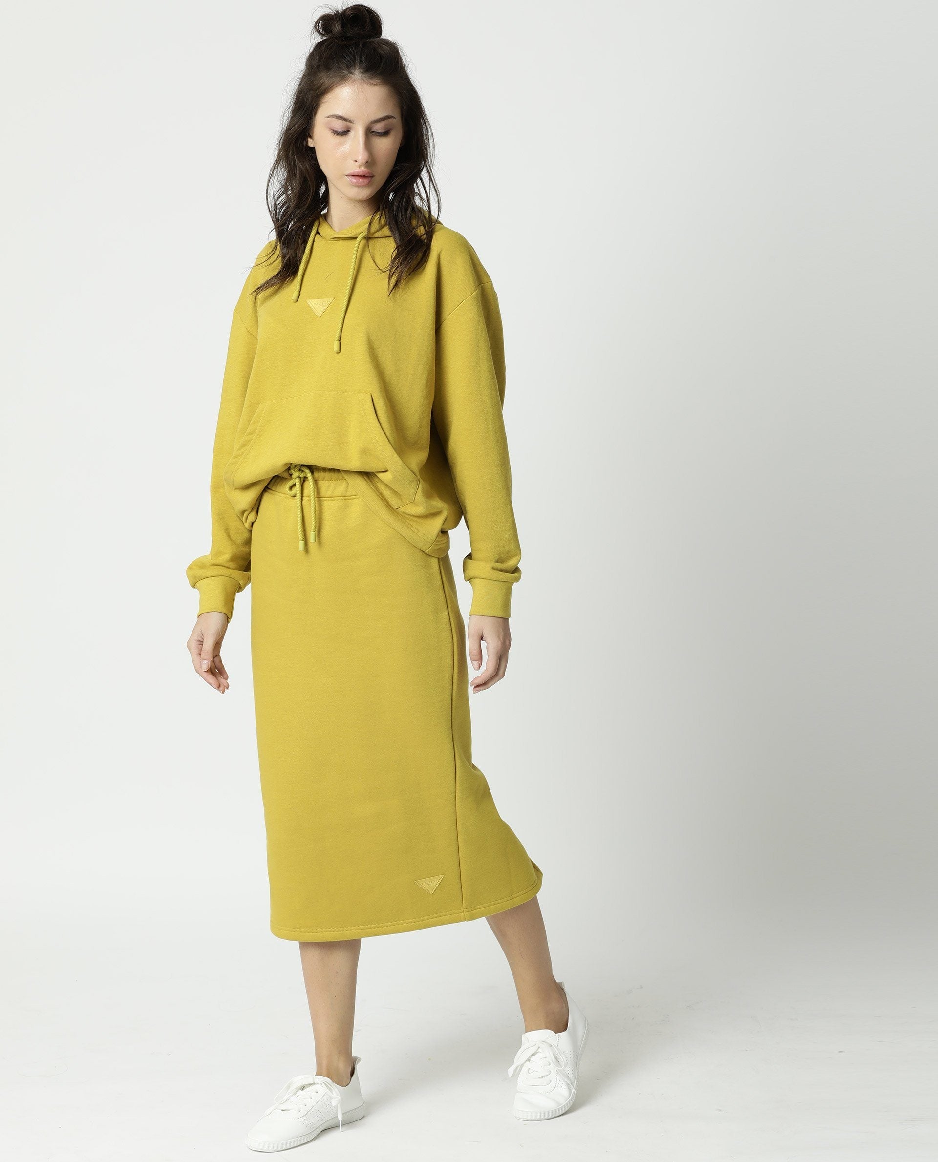 Rareism Women's Fudge Yellow Polyester Blend Plain Midi Tailored Skirt