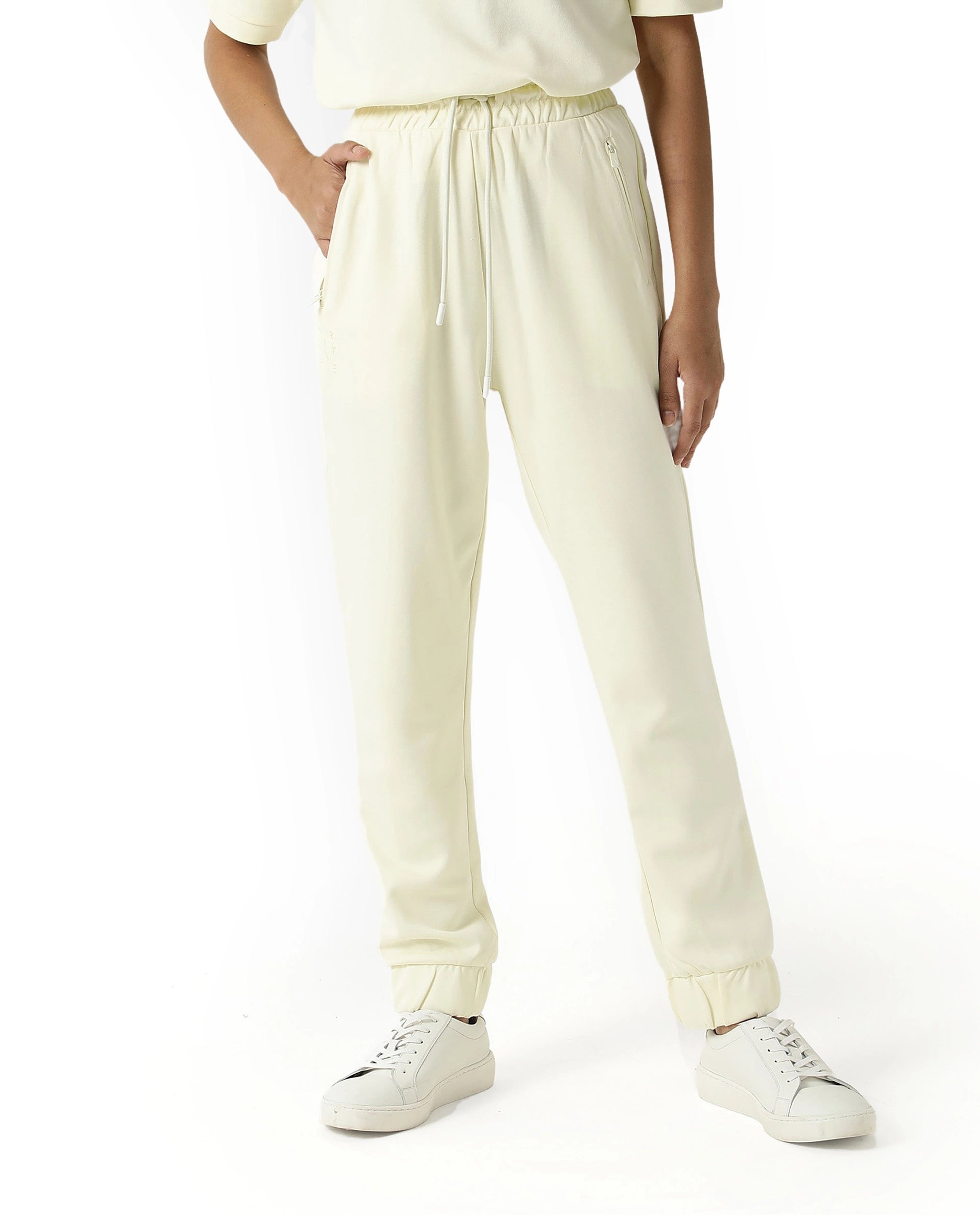 Rareism Women's Heavy Weight Interlock 340 Gsm Cotton Blend Plain Ankle Length Relaxed Fit Track Pant