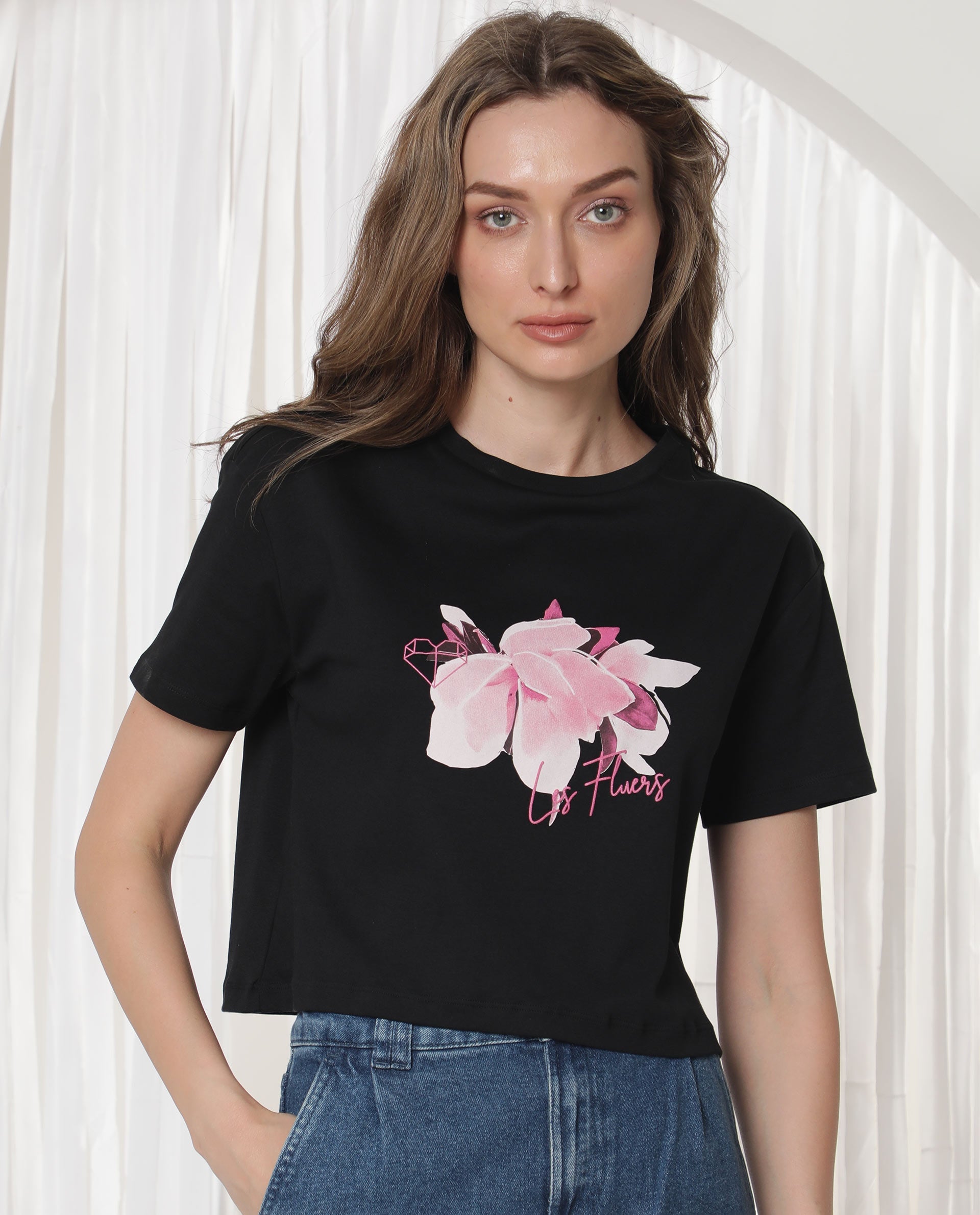Rareism Women's Ictor Black Cotton Crew Neck Graphic Print Regular Fit T-Shirt