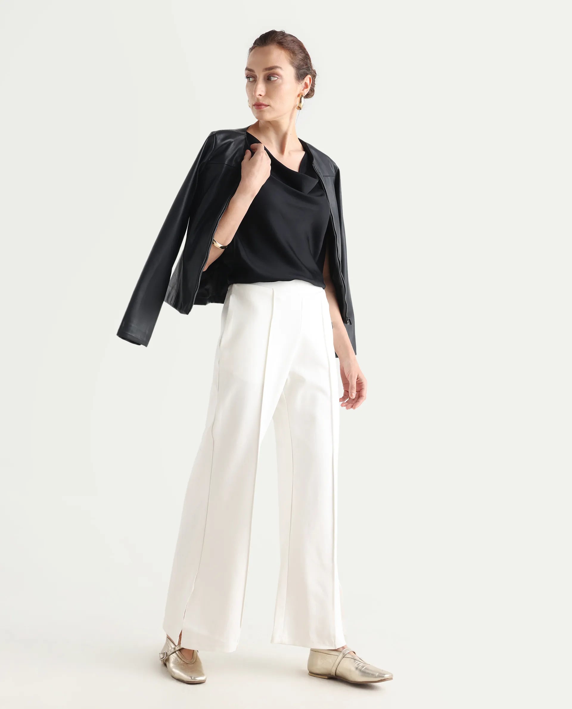Rareism Women's Jancuri Off White Rayon Blend Plain Ankle Length Straight Fit Trouser