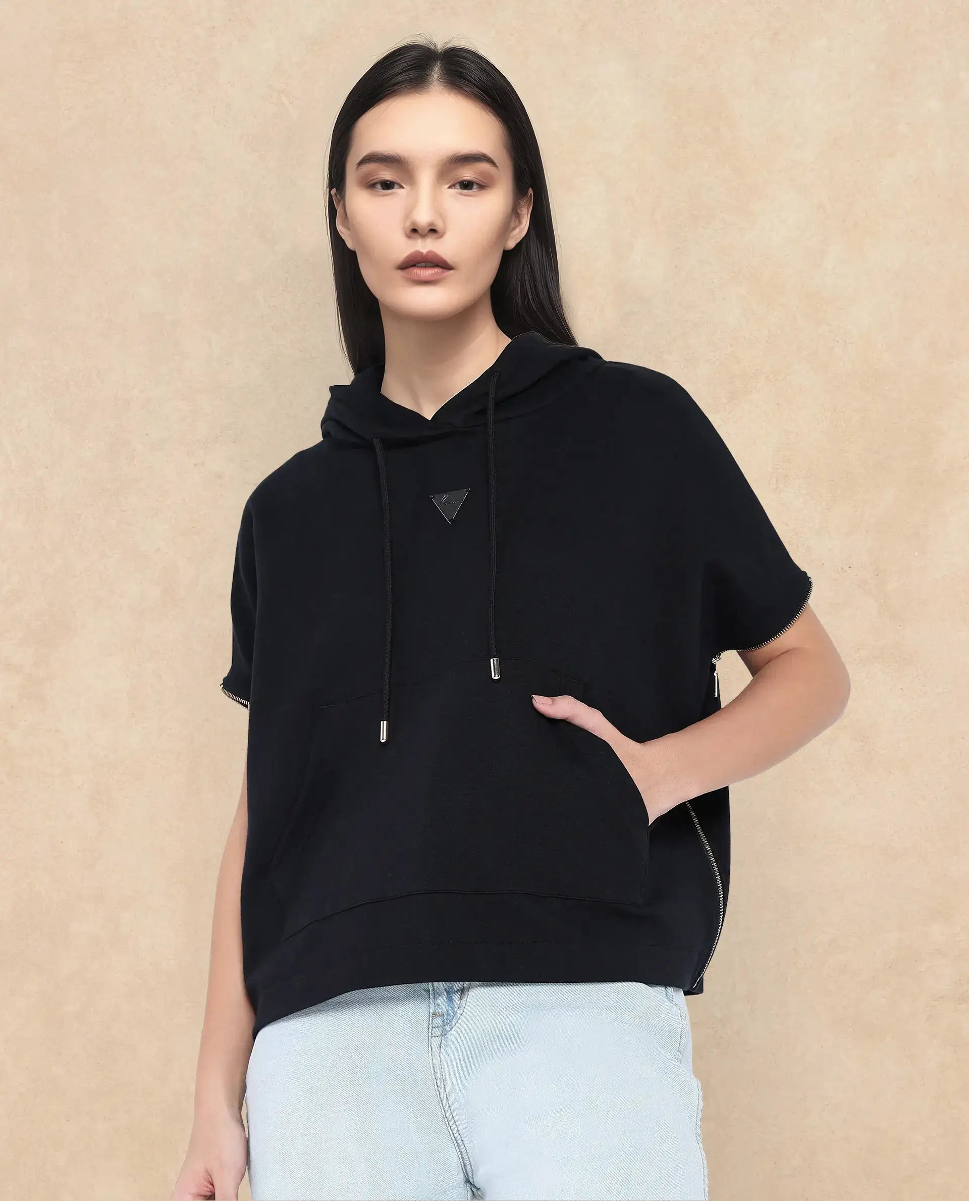 Rareism Women's Matthew Black Cotton Blend Hooded Plain Extended Sleeves Relaxed Fit Sweatshirt