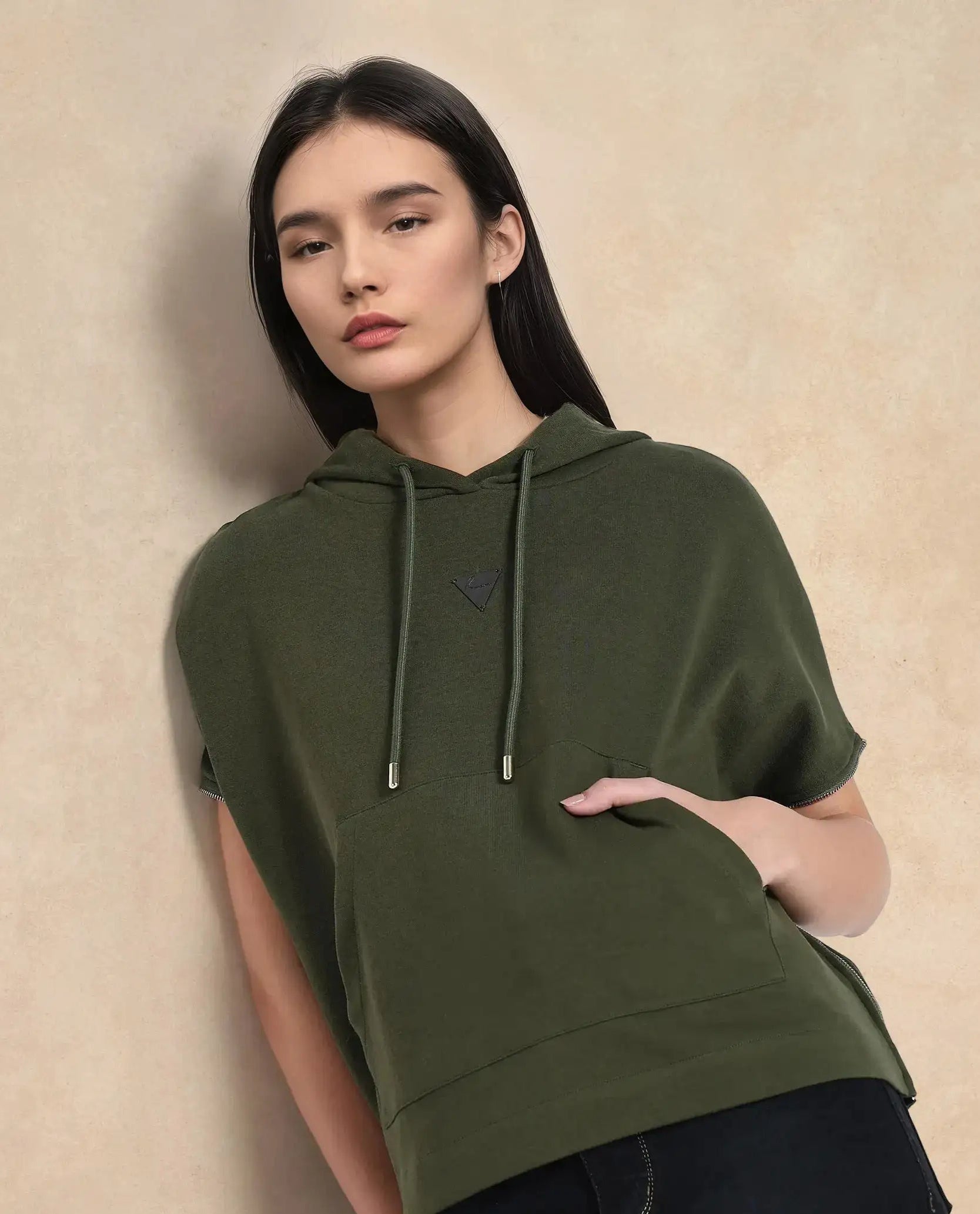 Rareism Women's Matthew Olive Cotton Blend Hooded Plain Extended Sleeves Relaxed Fit Sweatshirt